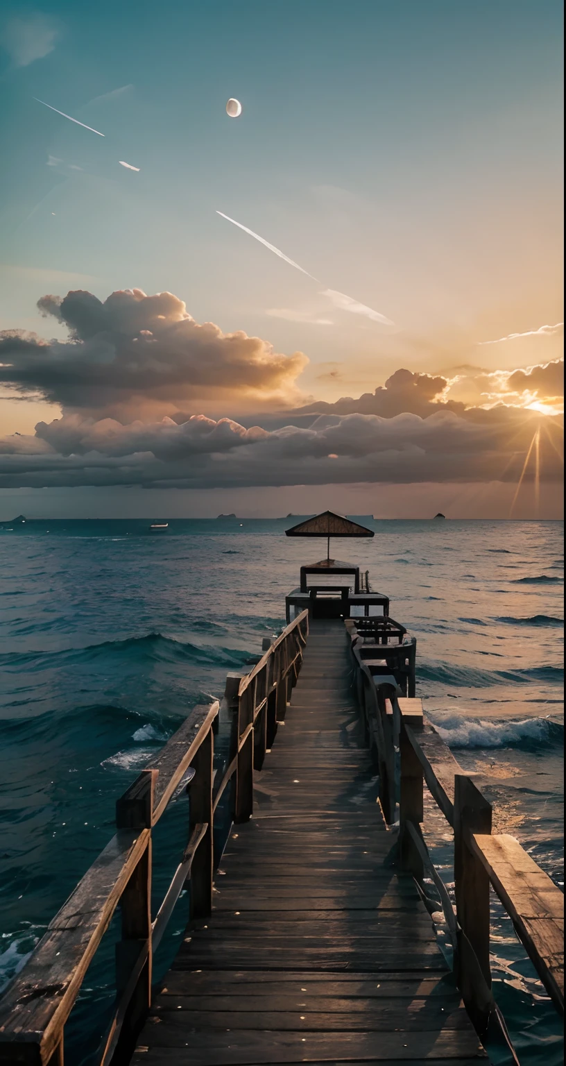 This is an image of a wooden pier that stretches out into the ocean with a beautiful sunset in the background. The pier is made of wooden planks and has a handrail on the left side. The ocean is blue-green in color and the waves gently crash against the pier. The sky is orange in color with fluffy clouds. The sun is setting behind the clouds, criando um brilho bonito. The moon is visible in the sky above the clouds. It's a very beautiful and peaceful image