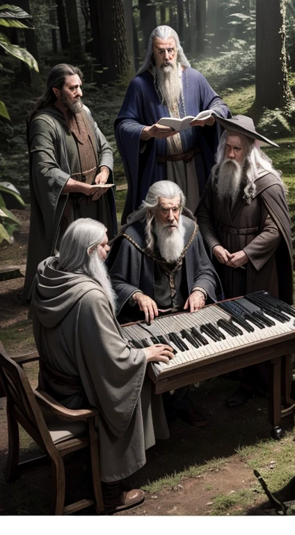 (Wizard gathered in a circle of friends), Ultra-detailed close-up of Gandalf on an adventure, ((Playing keyboard with his friends in the middle of the forest)), Meeting with friends, all wearing the same clothes, Ian Mckellen, he is a wise wizard, he wears a gray robe, rogue (Alternatively), [Leather Beld], gray robe under the robe, a family of wizards, open panoramic image