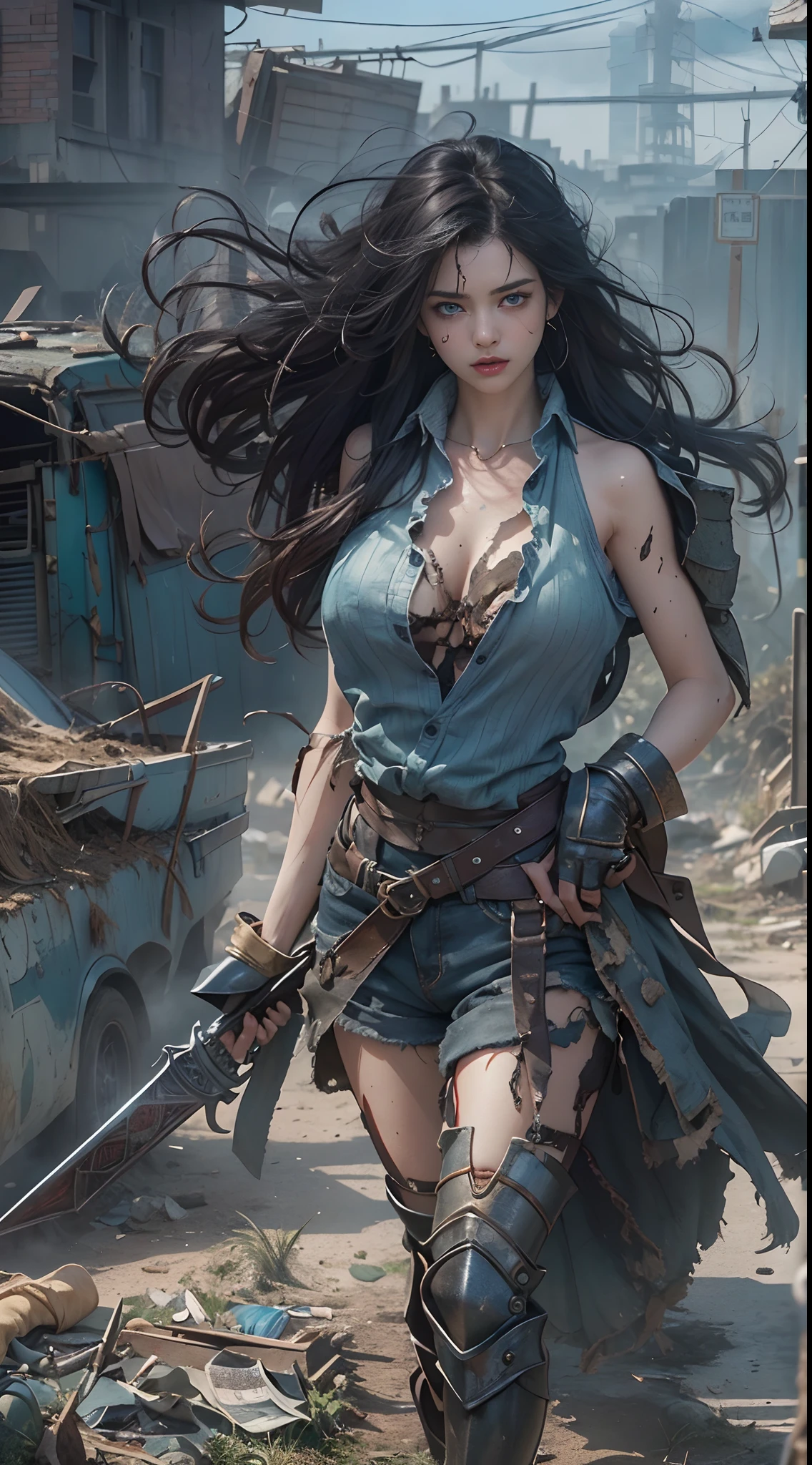 Yael Shelbia(Beautiful and bold、captivating and enticing、blue eyess、pointed breast、long curly black hair、Sweaty body、Open shirt、Short shorts、boots、short gloves、thick leg)。(Deserted roads、Dirt road、fumo、Abandoned cars、newspaper、Abandoned objects、Body lying on the ground、Abandoned roads、Apocalyptic landscape、Movie Effects)、(top-quality、masterpiece、depth of fields、Full-HD、4K、richness of detail)。Portrait Style、Fist of the North Star、Screaming、(((He wears armor on both shoulders)))、holding weapons