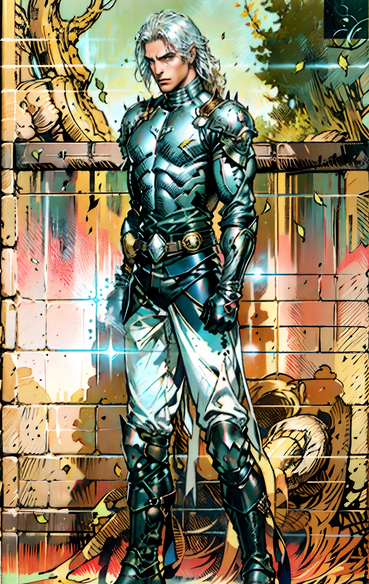 A middle-aged man, long platinum-blond hair, neatly combed hair, a square face, a serious expression, sharp eyes, tall figure, a dark fantasy-realistic style bodysuit, short sleeve, a silver-white chestplate, gloves with metal accessories, three metal blades extending from the gloves, tight-fitting pants that match the bodysuit, silver-white metal shin guards, boots, the background is a mountain forest at night, with falling leaves, this character embodies a finely crafted fantasy-realistic style assassin in anime style, characterized by an exquisite and mature manga illustration art style, high definition, best quality, highres, ultra-detailed, ultra-fine painting, extremely delicate, professional, anatomically correct, symmetrical face, extremely detailed eyes and face, high quality eyes, creativity, RAW photo, UHD, 8k, Natural light, cinematic lighting, masterpiece-anatomy-perfect, masterpiece:1.5