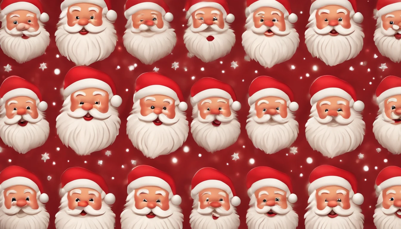 A deep red background filled with a pattern of jolly Santa Claus faces, each with a different expression, creating a playful and festive backdrop.