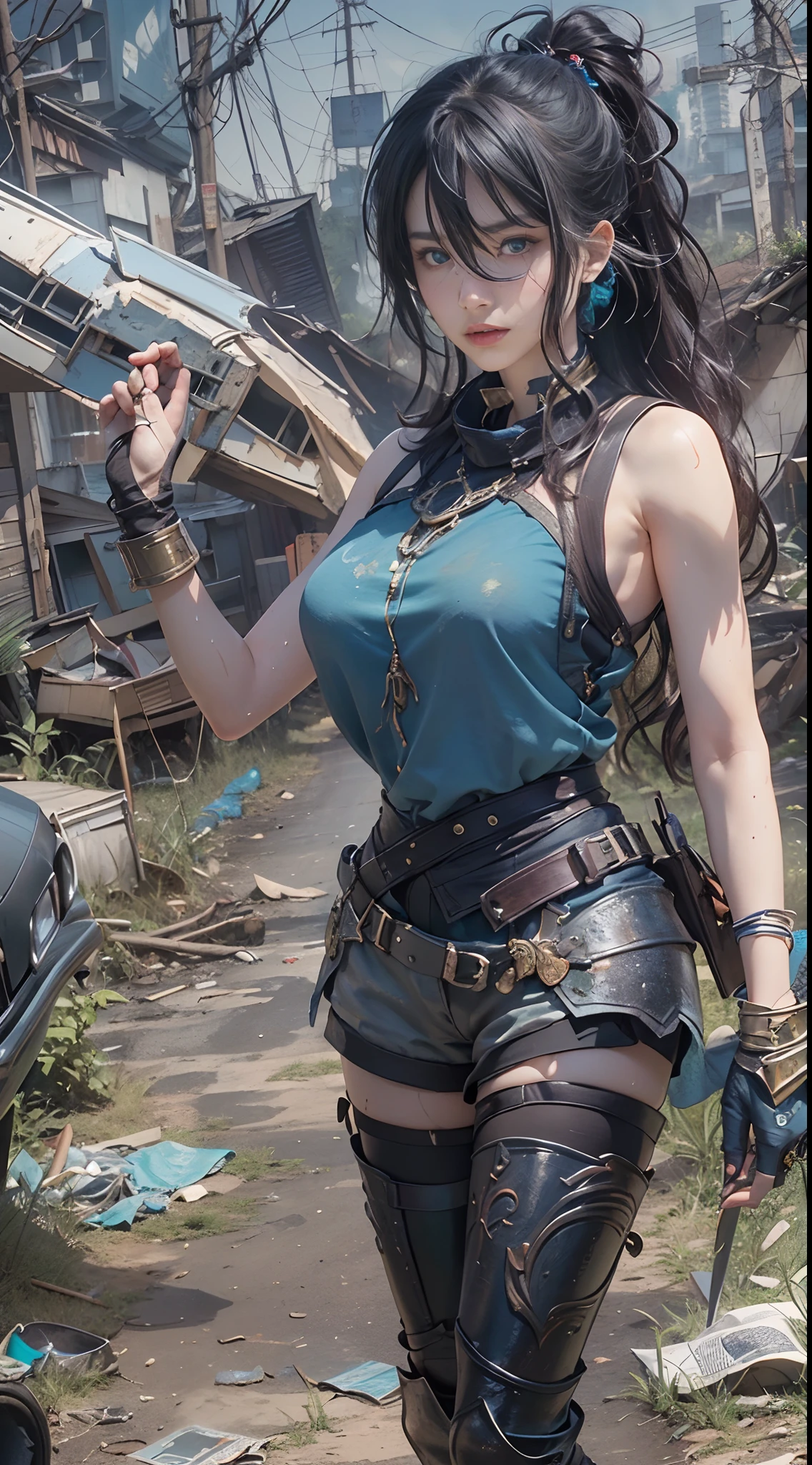 Yael Shelbia(Beautiful and bold、captivating and enticing、blue eyess、pointed breast、long curly black hair、Sweaty body、Open shirt、Short shorts、boots、short gloves、thick leg)。(Deserted roads、Dirt road、fumo、Abandoned cars、newspaper、Abandoned objects、Body lying on the ground、Abandoned roads、Apocalyptic landscape、Movie Effects)、(top-quality、masterpiece、depth of fields、Full-HD、4K、richness of detail)。Portrait Style、Fist of the North Star、Screaming、(((He wears armor on both shoulders)))、holding weapons