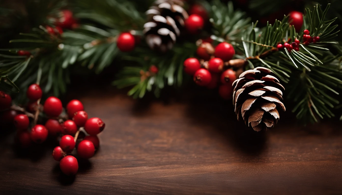 A rustic and cozy background featuring a wooden plank texture in deep brown, accented with pinecones, holly, and red berries.