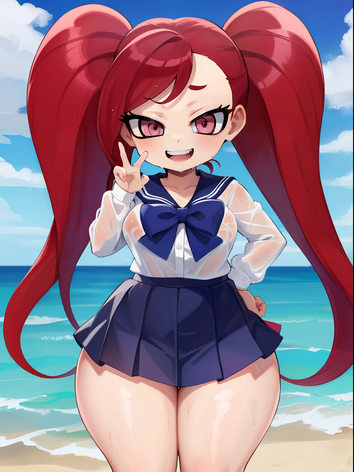 masterpiece, highest quality,shiny skin,wet skin,glossy skin,(la brava:1.5),mini skirt,pleated skirt,white shirt,school uniform,twin tails,red hair, pink eyes,long hair,smile, fangs,beach,,shortstackbt