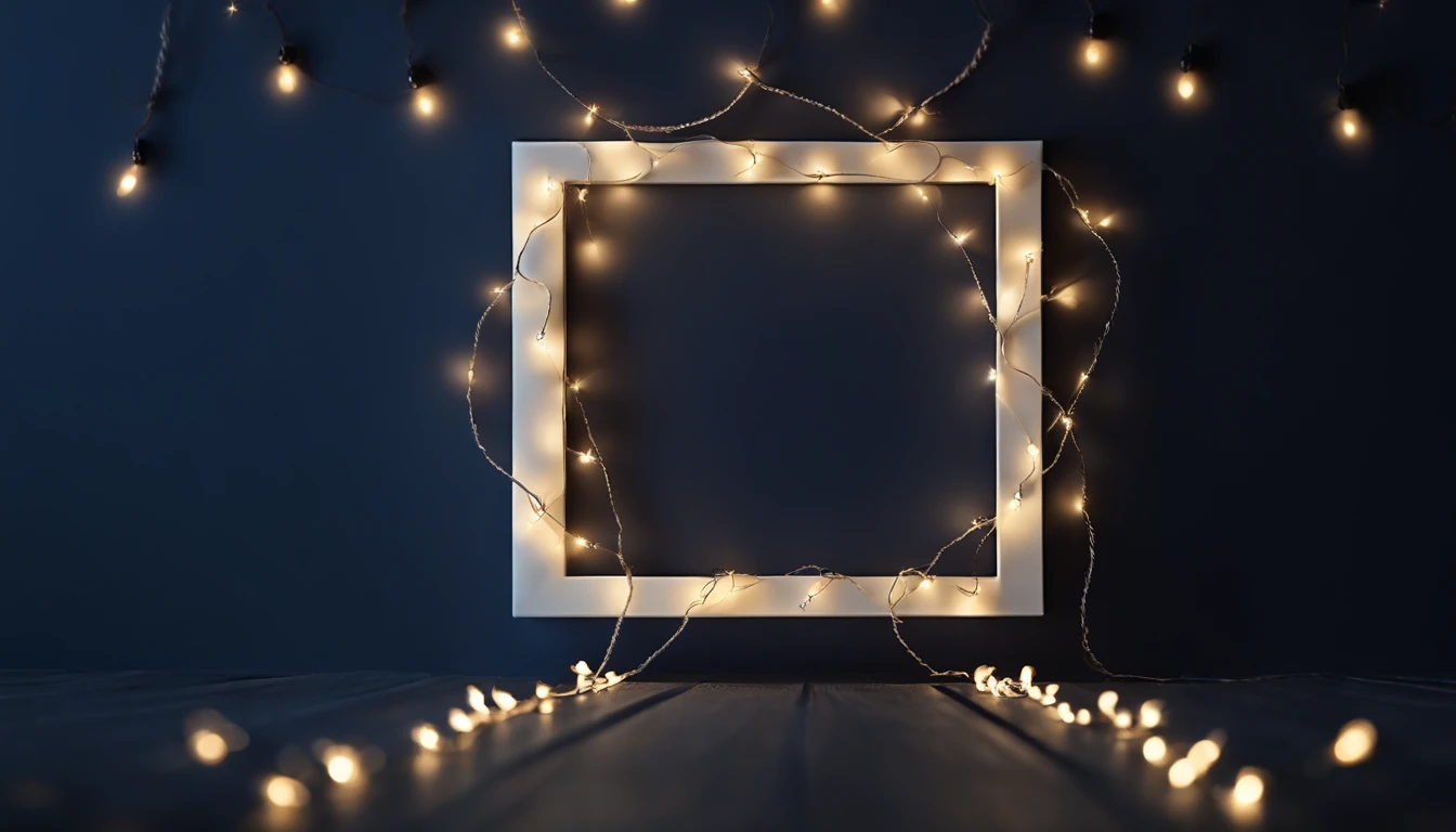 A blank white square frame mockup adorned with a string of twinkling fairy lights against a dark blue background, creating a magical atmosphere.