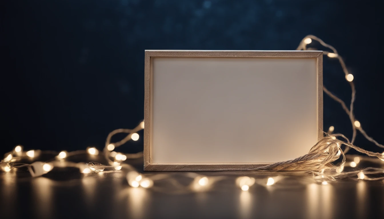A blank white square frame mockup adorned with a string of twinkling fairy lights against a dark blue background, creating a magical atmosphere.