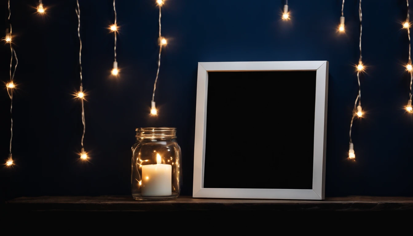 A blank white square frame mockup adorned with a string of twinkling fairy lights against a dark blue background, creating a magical atmosphere.