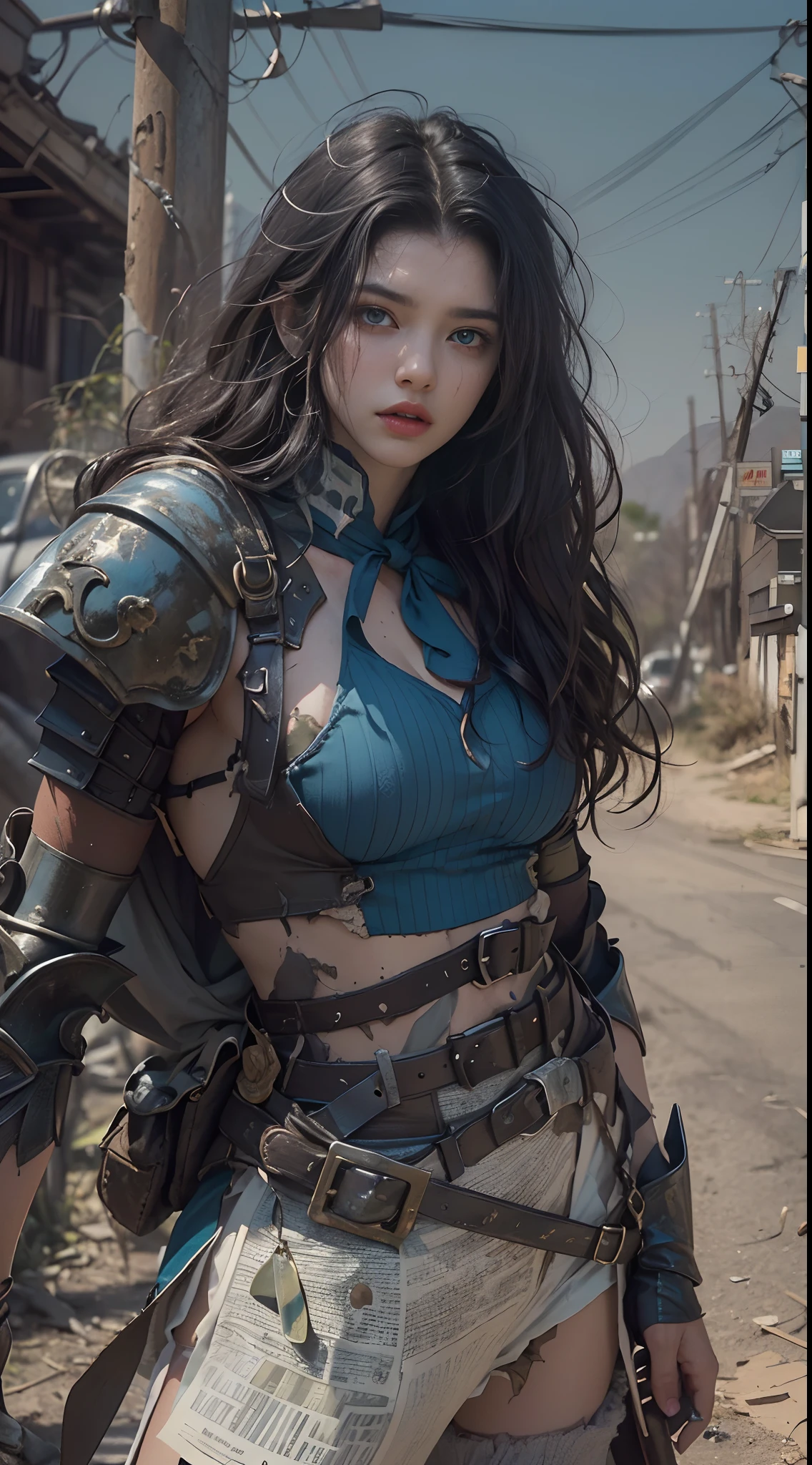 Yael Shelbia(Beautiful and bold、captivating and enticing、blue eyess、pointed breast、long curly black hair、Sweaty body、Open shirt、Short shorts、boots、short gloves、thick leg)。(Deserted roads、Dirt road、fumo、Abandoned cars、newspaper、Abandoned objects、Body lying on the ground、Abandoned roads、Apocalyptic landscape、Movie Effects)、(top-quality、​masterpiece、depth of fields、Full-HD、4K、richness of detail)。Portrait Style、Fist of the North Star、Screaming、(((He wears armor on both shoulders)))、holding weapons
