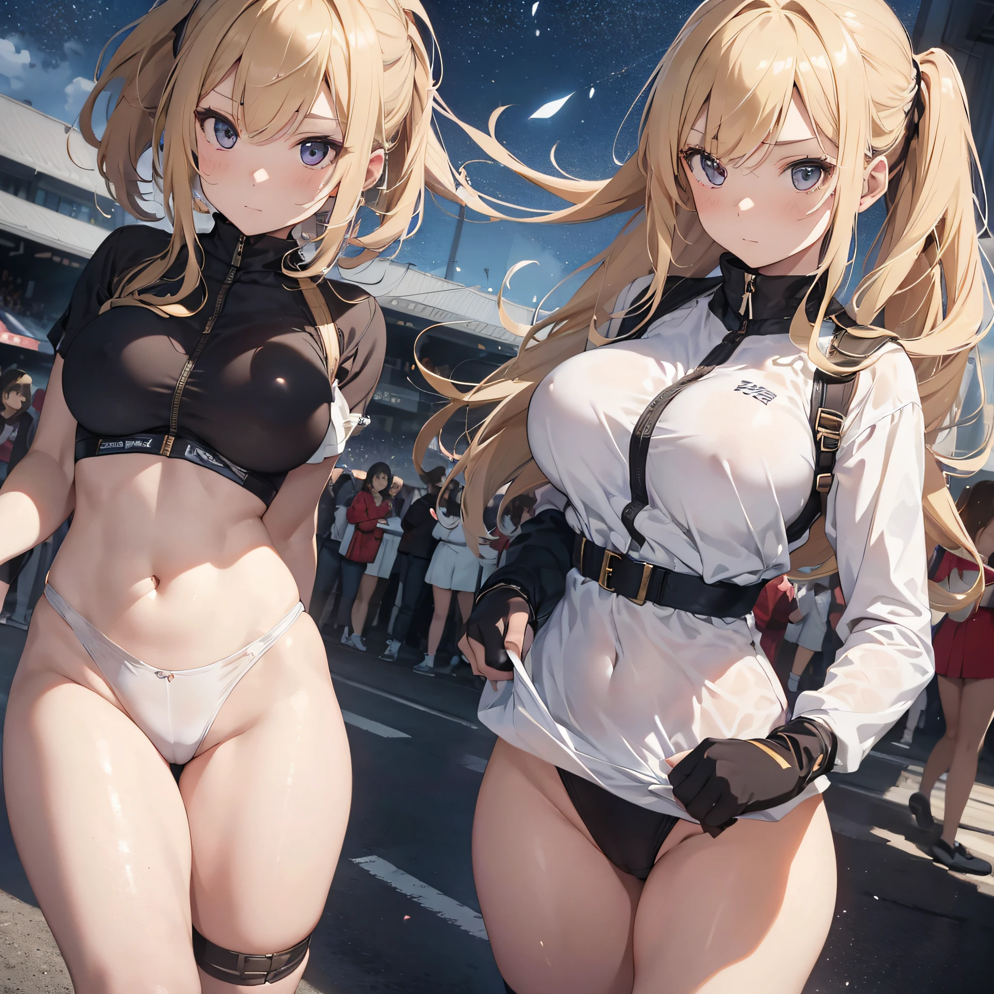 one person, one girl, 1 girl,20 years old woman, Extremely delicate and beautiful, a blond, soothing tones, muted colors, High contrast, (Natural skin texture, hyperrealism, Soft light, edgy), Huge breasts, thick-thighs, slim waist, :), Racing Girl,