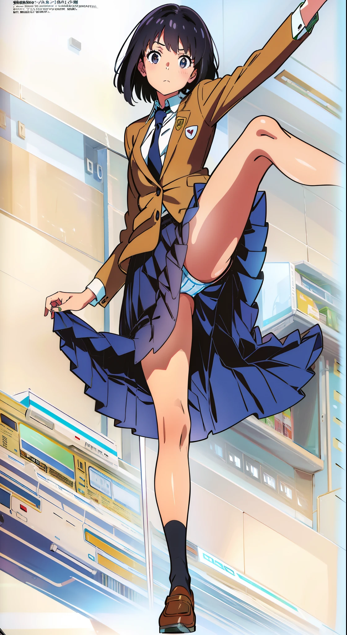 (high kick:1.5), (one leg up:1.5), (anime:1.0), (official art:1.0), (white background:1.0), (best quality:1.0), (masterpiece:1.0), (solo:1.0), (a 18yo cute girl:1.0), (long skirt:1.2), (dark blue skirt:1.0), (pleated skirt:1.0), (school uniform beige blazer:1.0), (dark blue necktie:1.0), (black socks:1.0), (ideal ratio body proportions:1.0), (lanky:1.0), (tall:1.0), (slender:1.0), (small breasts:1.0), (smaller face:1.0), (tareme:1.0), (detailed beautiful eyes:1.0), (detailed beautiful face:1.0), (glowing black eyes:1.0), (bob cut hair:1.0), (black hair:1.0)