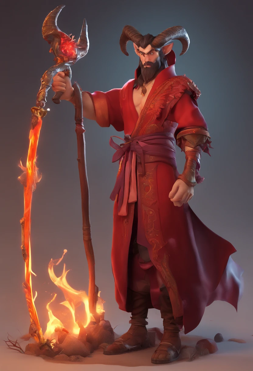 Cartoon image of a male character wearing a red robe and holding a scythe, holding a goat head staff, fit male demon with white horns, demon noble character design, Teflin Warlock, Epic Mage Boy character, official character illustration, character art of maple story, fantasy character, holding a skull staff, attractive tiefling druid, horned god, dark witch character，3d，The face is clear，Eyes are focused