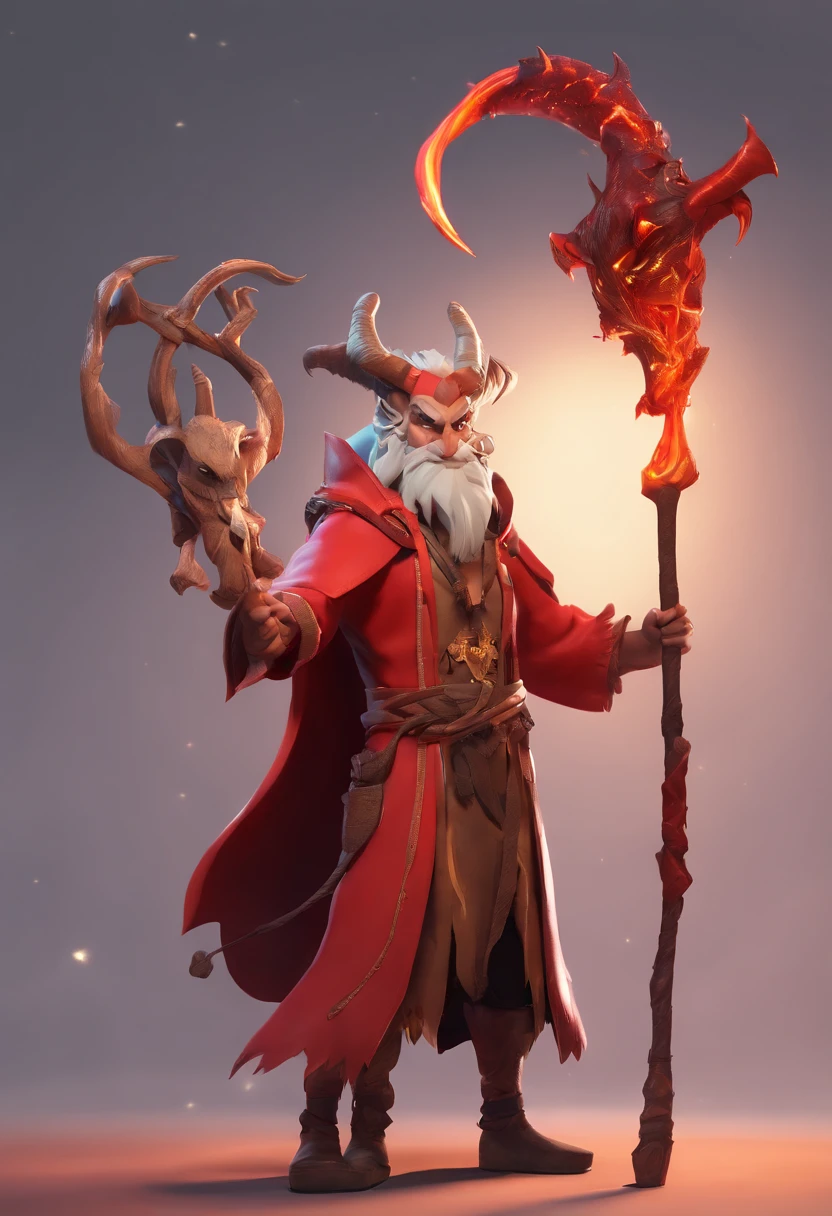 Cartoon image of a male character wearing a red robe and holding a scythe, holding a goat head staff, fit male demon with white horns, demon noble character design, Teflin Warlock, Epic Mage Boy character, official character illustration, character art of maple story, fantasy character, holding a skull staff, attractive tiefling druid, horned god, dark witch character,3d,The face is clear,Eyes are focused