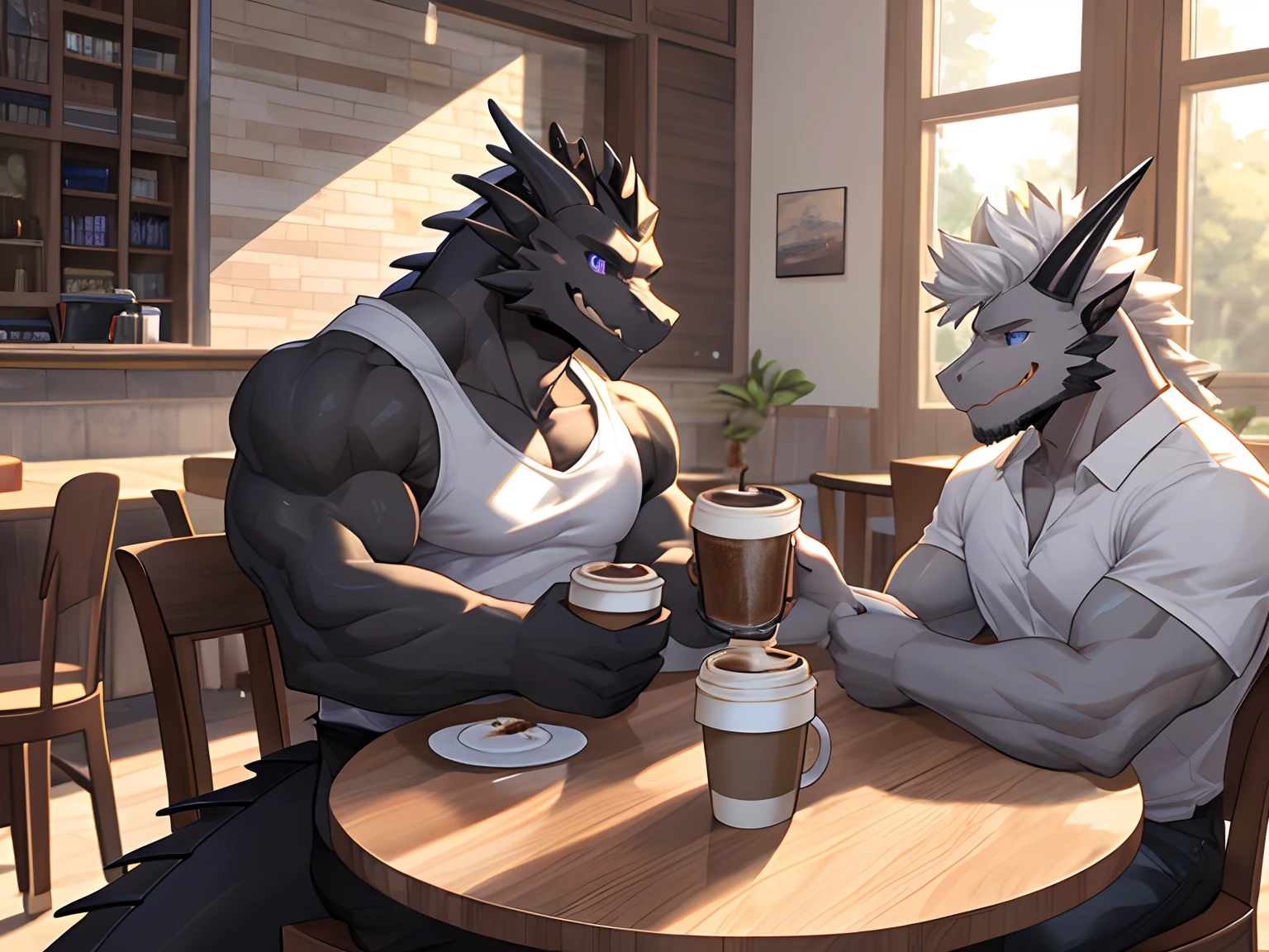 (Best Quality), 1Male,  (Furry Gray Dragon), Blue Eyes, White Medium Hair, Casual Set, Muscular, Good Looking, Smiling, 1Male, (Furry Black Dragon), Purple Eyes, Gray Medium Hair, Gray Facial Hair, Casual Set, Good Looking, Muscular, Smiling ((Gray Dragon Drink Coffee with Black Dragon)), Sitting in chair, table, coffee, front on, Comfortable, Warm Feeling, Morning, Cafe Background.