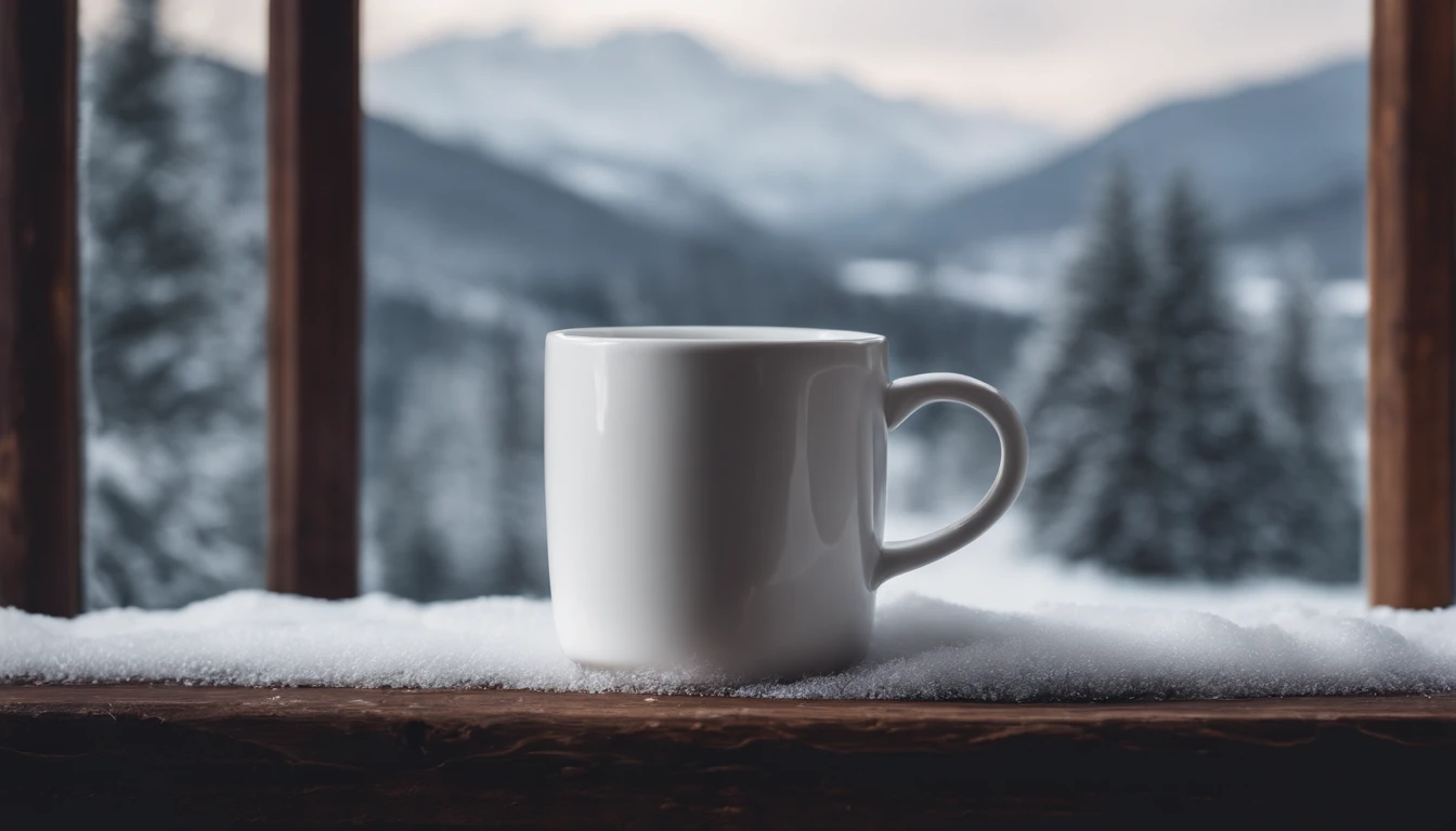 A blank white coffee mug mockup on a frost-covered window sill, with a view of snow-covered trees and mountains in the background.