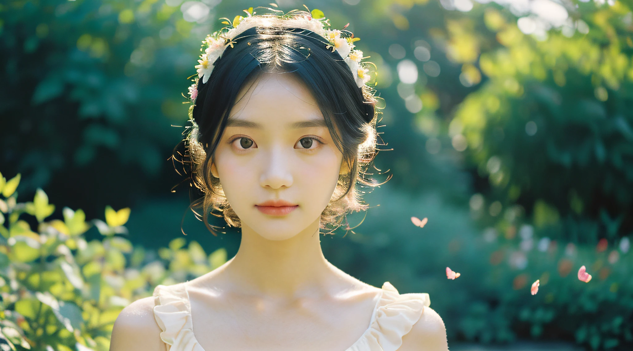 1girl, flowing sundress, floral headpiece, delicate makeup, (luminous eyes, smooth skin texture, gentle facial expression), golden hour lighting, serene garden setting, butterflies or flower petals, depth of field, warm color palette, whimsical atmosphere, high-resolution, soft focus.
portrait photography, 35mm film, natural blurry, filmg,
