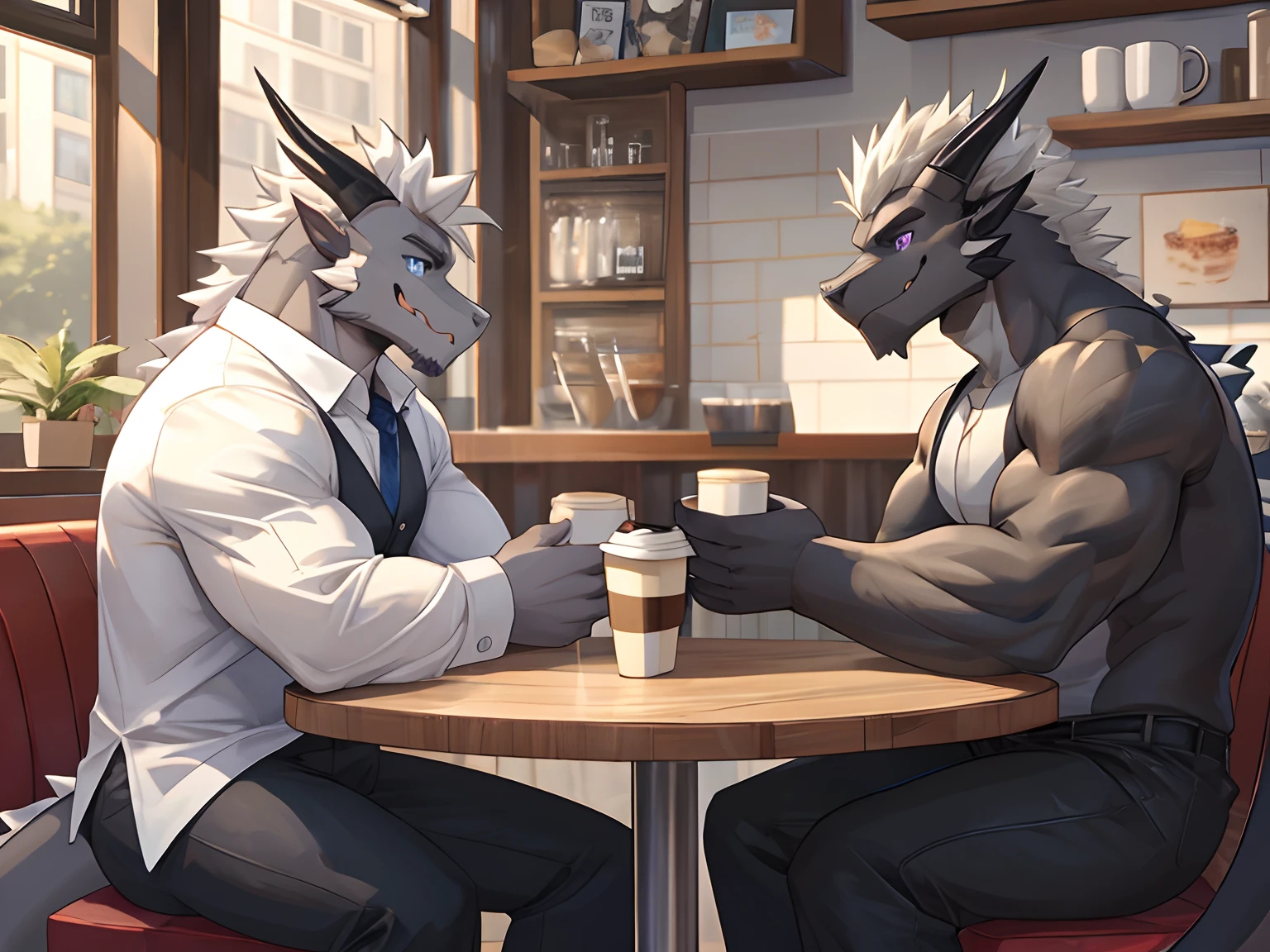 (Best Quality), 1Male, (Furry Gray Dragon), Blue Eyes, White Medium Hair, Casual Set, Muscular, Good Looking, Smiling, 1Male, (Furry Black Dragon), Purple Eyes, Gray Medium Hair, Gray Facial Hair, Casual Set, Good Looking, Muscular, Smiling ((Gray Dragon Drink Coffee with Black Dragon)), Sitting in chair, table, coffee, front on, Comfortable, Warm Feeling, Morning, Cafe Background.