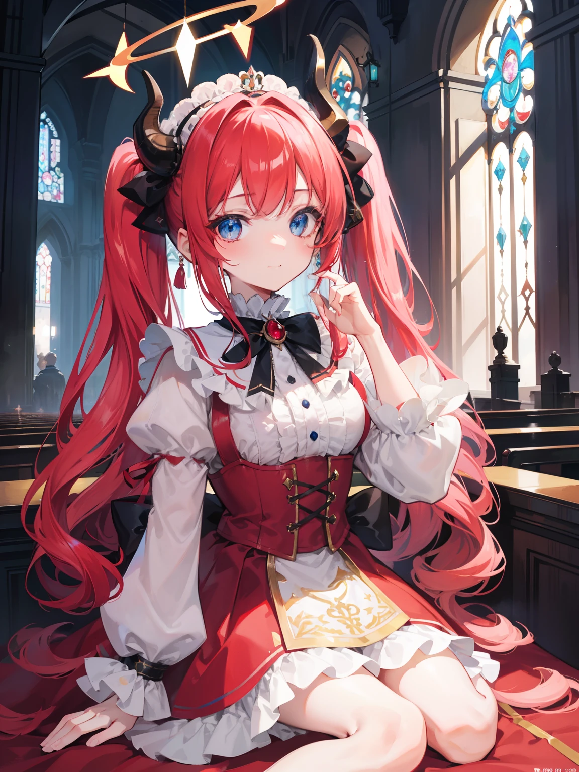 {{best quality}}, {{masterpiece}}, {{ultra-detailed}}, {illustration}, {detailed light}, red hair, blue eyes, twintails, crown,halo,jewelry eyes, jewel like eye,sitting on,church,fantasy, lolita fashion, closed mouth,mesugaki smile, dragon horns, loli，Floating hair,Masterpiece, high quality