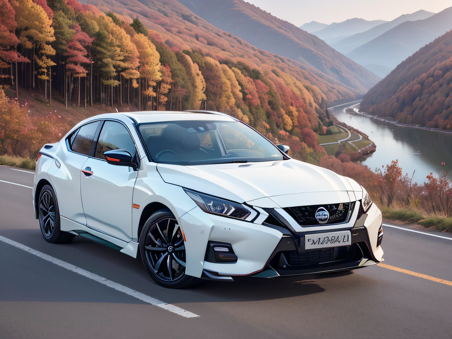 超A high resolution、An ultra-high picture quality、8K、Detailed details、marvelous expression、Late autumn valley、Beautiful autumn leaves、A white car driving gracefully on a mountain pass built along the mountain、((NISSAN・Be-1))