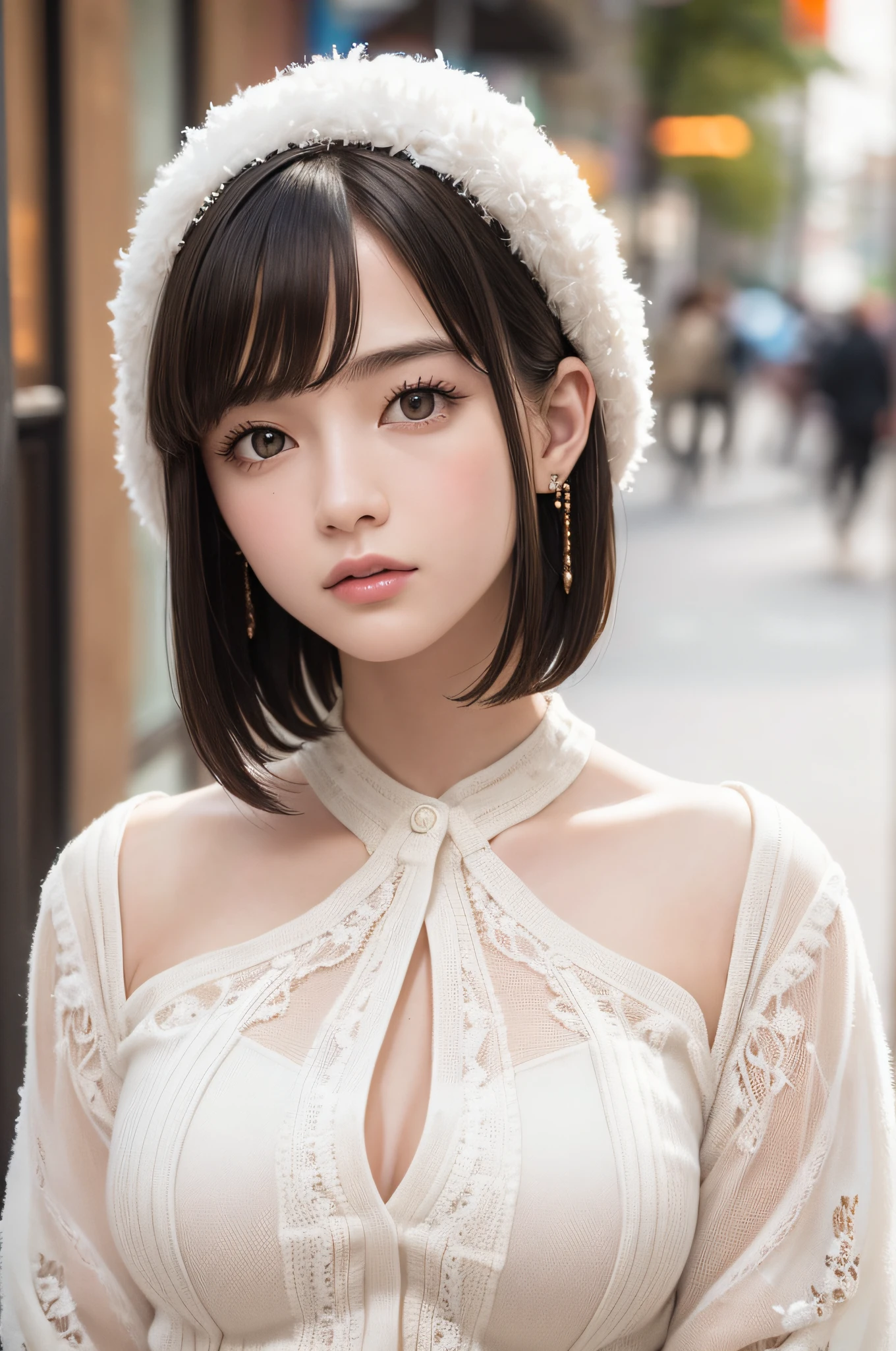 (8k, RAW photos, top quality, masterpiece: 1.2), ultra detailed, super resolution, (real, real photos: 1.37), portraits, high definition RAW color photos, professional photos, very detailed and beautiful, highly detailed, 8k wallpapers, amazing details, huge file size, official art, highly detailed CG Unity 8k wallpapers, highly detailed beautiful girls, highly detailed faces, Highly Detailed Eyes, Highly Detailed Skin, Highly Detailed Fingers, Very Detailed Nose, Highly Detailed Detailed Mouth, Perfect Anatomy, Detailed Background, Detailed Clothes, One Girl, (20:1.2), 20s, Cute Girl, Realistic Body, Petite, White Skin, Radiant Skin, Slim Body, Black Hair, Short Hair, (Blunt Bangs: 1.2), Cute, Youthful, Pretty Face, Realistic Face, Delicate Eyes, Sale Eyes, ( (Fashionable winter clothes)), ((Up)), ((((Short hair)))), Earrings, Looking at the camera, Cowboy shot, Facing Front, Standing Posture, Contrapposto, Dynamic Lighting, C Cup Breasts,
