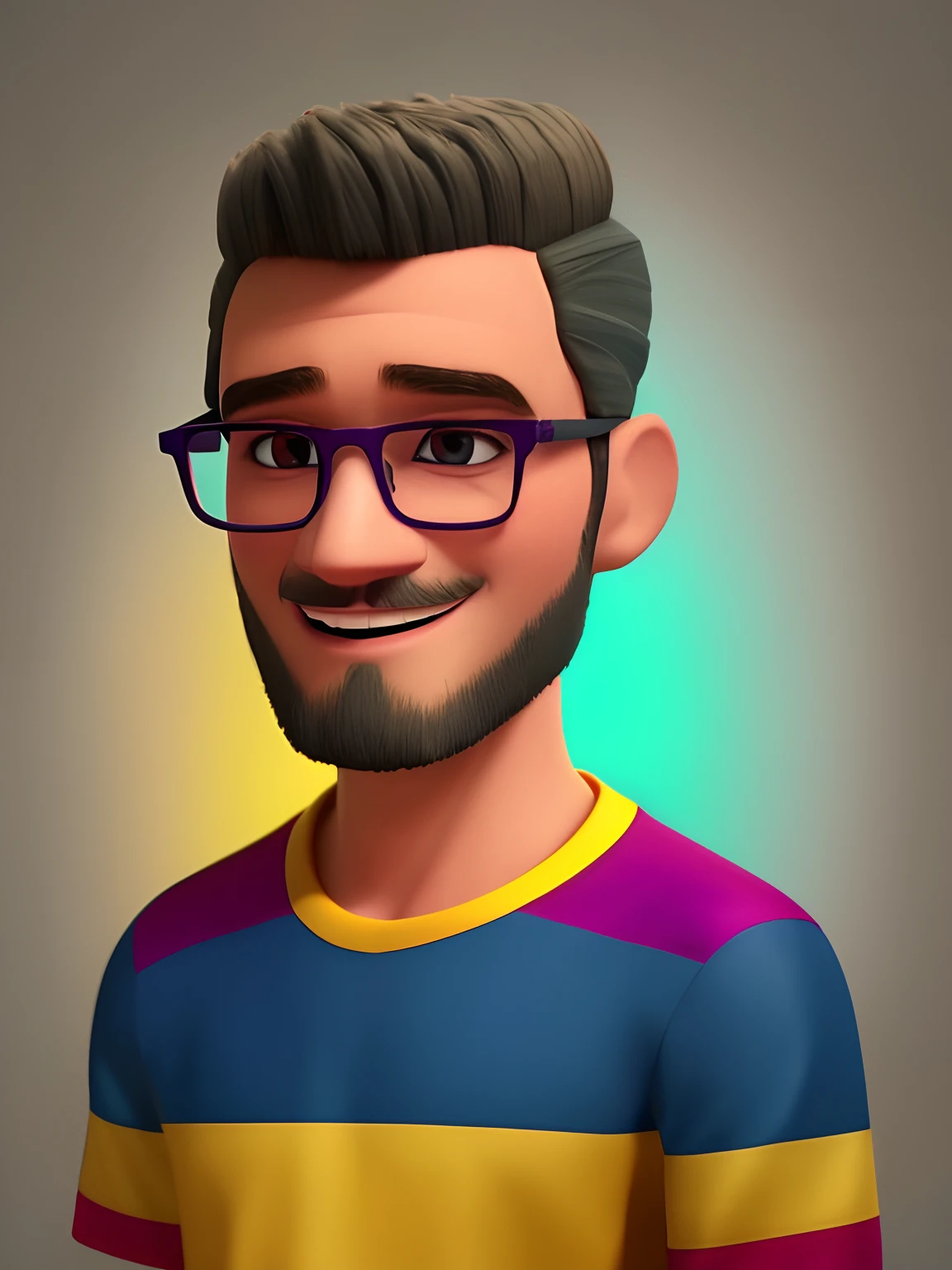 pixarstyle um retrato na altura da cintura de um jovem em uma camisa ,sorriso, igreja textura moreno da pele, cabelo crespo e curto, wears grey glasses, texturas 4k, hdr, intrincado, altamente detalhado, foco nítido, cinematic visual, hiperdetalhado