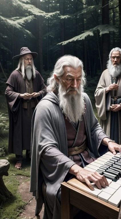 (Wizards gathered in a circle of friends), ((each wizard playing a different keyboard)) Ultra-detailed close-up of Gandalf on an adventure, ((Playing the keyboard with his friends in the middle of the forest)), Meeting with friends, all wearing the same outfit, Ian Mckellen, he is a wise wizard, he wears a gray robe, scoundrel (Alternatively), [Leather Beld], gray tunic under the robe, a family of wizards, open panoramic image, one of them with the red dress
