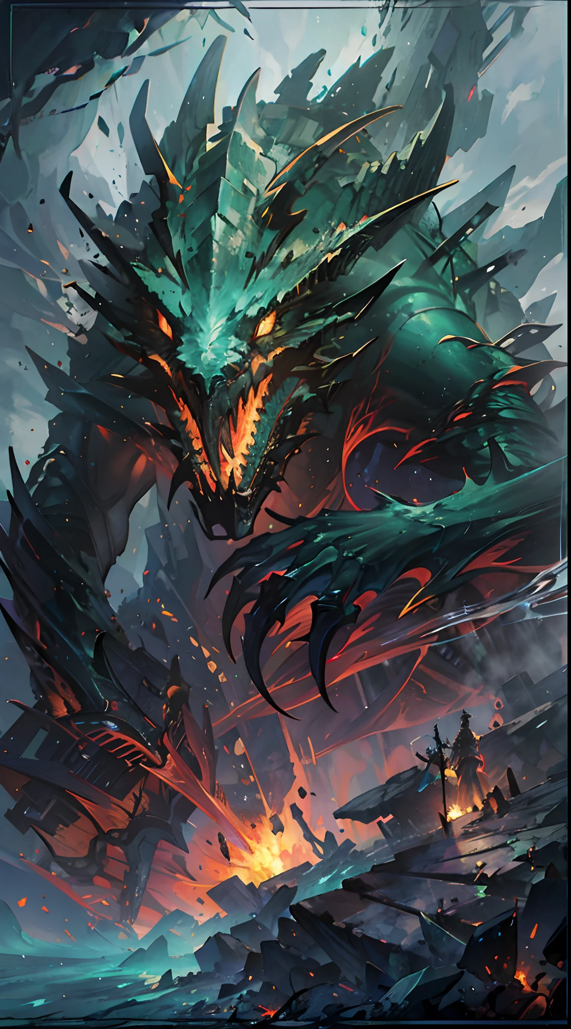 (The pupils burn like flames), (Hideous and vivid details of the monster's face,Vivid details of the monster's face,Extremely detailed depiction of the monster's face:1.1), Mechanized Dragon,Surrounded by thick fog, Creepy resonance, Dark and mysterious hues, strong contrasts, Strong dynamics, Refraction of golden light, The texture is expressive, Digital oil painting effect, Emphasize the character's subject position and pose, Powerful edge-lit effect, Dramatic angles and near and far effects, Detailed and rugged terrain, It is full of exotic plants, Powerful energy flow effect, Splash splinter and spark effects,Mechanically constructed dragons,Huge broken weapons,Roaring dragon,Glowing scales,Erupting steam,Black smoke,White scales,Cyan eyes