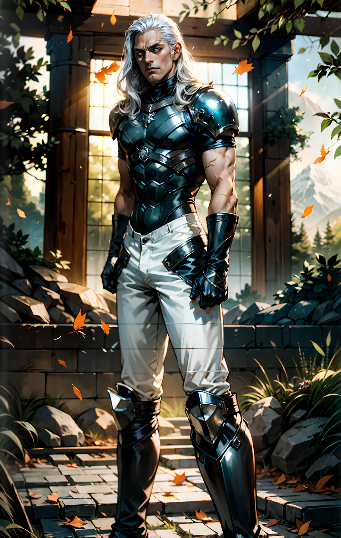 A middle-aged man, long platinum-blond hair, neatly combed hair, a square face, a serious expression, sharp eyes, tall figure, a dark fantasy-realistic style bodysuit, short sleeve, a silver-white chestplate, gloves with metal accessories, three metal blades extending from the gloves, tight-fitting pants that match the bodysuit, silver-white metal shin guards, boots, the background is a mountain forest at night, with falling leaves, this character embodies a finely crafted fantasy-realistic style assassin in anime style, characterized by an exquisite and mature manga illustration art style, high definition, best quality, highres, ultra-detailed, ultra-fine painting, extremely delicate, professional, anatomically correct, symmetrical face, extremely detailed eyes and face, high quality eyes, creativity, RAW photo, UHD, 8k, Natural light, cinematic lighting, masterpiece-anatomy-perfect, masterpiece:1.5