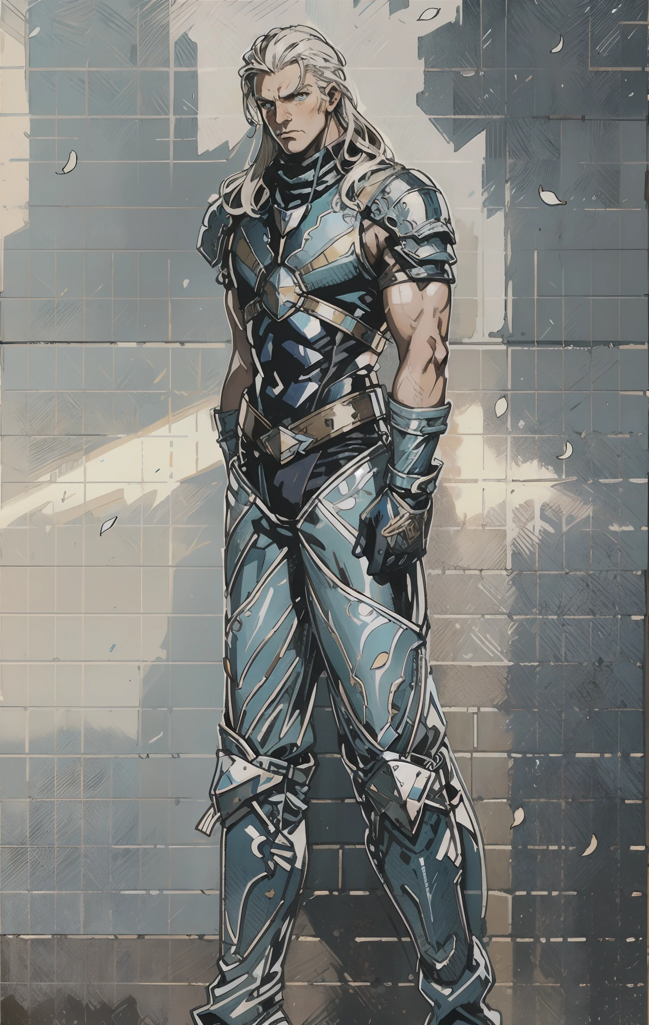 A middle-aged man, long platinum-blond hair, neatly combed hair, a square face, a serious expression, sharp eyes, tall figure, a dark fantasy-realistic style bodysuit, short sleeve, a silver-white chestplate, gloves with metal accessories, three metal blades extending from the gloves, tight-fitting pants that match the bodysuit, silver-white metal shin guards, boots, the background is a mountain forest at night, with falling leaves, this character embodies a finely crafted fantasy-realistic style assassin in anime style, characterized by an exquisite and mature manga illustration art style, high definition, best quality, highres, ultra-detailed, ultra-fine painting, extremely delicate, professional, anatomically correct, symmetrical face, extremely detailed eyes and face, high quality eyes, creativity, RAW photo, UHD, 8k, Natural light, cinematic lighting, masterpiece-anatomy-perfect, masterpiece:1.5