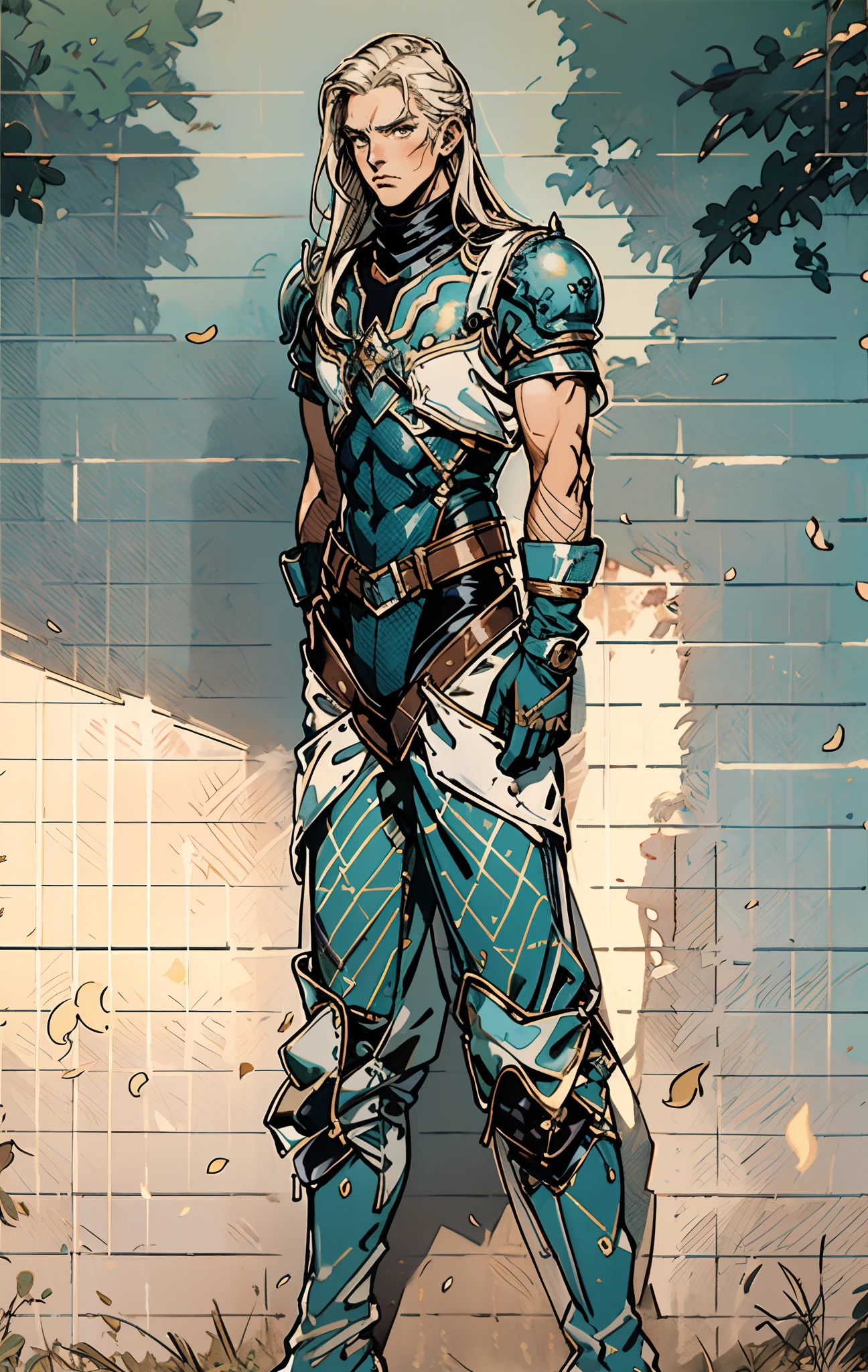 A middle-aged man, long platinum-blond hair, neatly combed hair, a square face, a serious expression, sharp eyes, tall figure, a dark fantasy-realistic style bodysuit, short sleeve, a silver-white chestplate, gloves with metal accessories, three metal blades extending from the gloves, tight-fitting pants that match the bodysuit, silver-white metal shin guards, boots, the background is a mountain forest at night, with falling leaves, this character embodies a finely crafted fantasy-realistic style assassin in anime style, characterized by an exquisite and mature manga illustration art style, high definition, best quality, highres, ultra-detailed, ultra-fine painting, extremely delicate, professional, anatomically correct, symmetrical face, extremely detailed eyes and face, high quality eyes, creativity, RAW photo, UHD, 8k, Natural light, cinematic lighting, masterpiece-anatomy-perfect, masterpiece:1.5