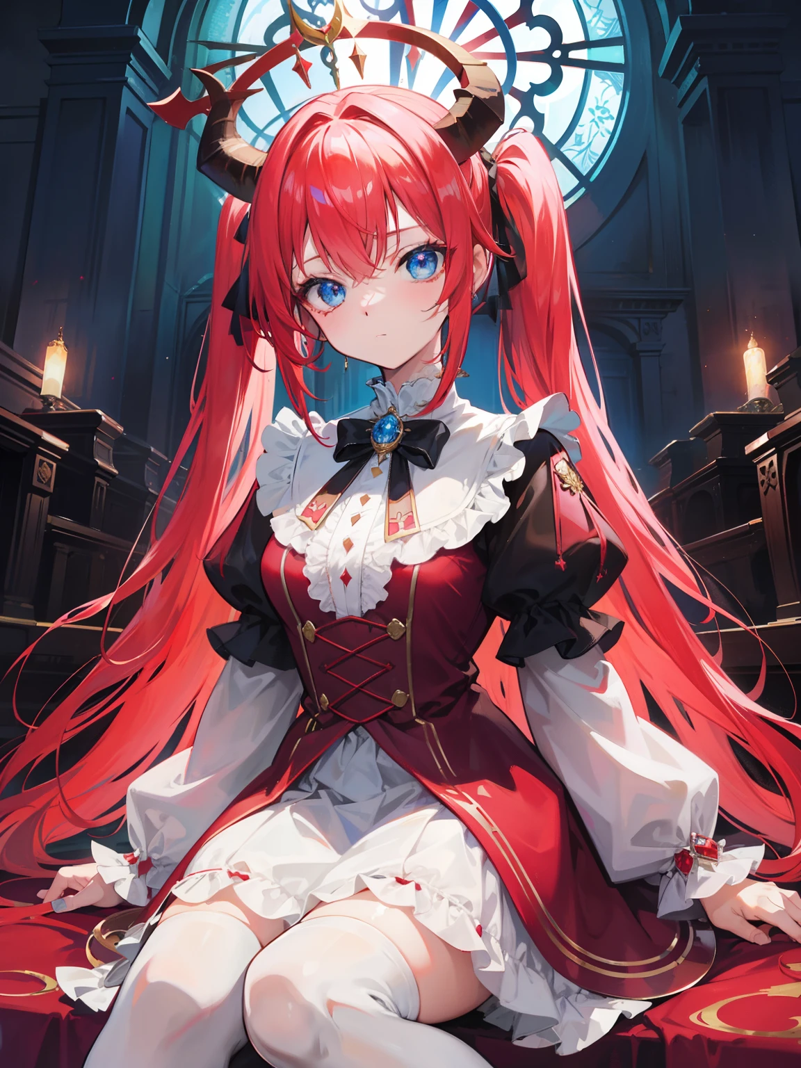 {{best quality}}, {{masterpiece}}, {{ultra-detailed}}, {illustration}, {detailed light}, red hair, blue eyes, twintails, crown,halo,jewelry eyes, jewel like eye,sitting on,church,fantasy, lolita fashion, closed mouth, dragon horns, loli，Floating hair,Masterpiece, high quality