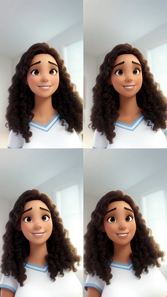 A series of four photos of a woman with curly hair, Colagem de Estilos, selfie de uma jovem mulher de 14 anos, cabelos ondulados espalhados, parted hair, seu rosto emoldurado com cachos, identical picture, face frontal centrada, com rosto preciso, Pose frontal, Com filtros do Instagram, com o mesmo penteado, Photo Session, foto de perfil headshot, dark brown curly mid-part haircut and teeth braces in Disney Pixar style in high quality and best quality.
