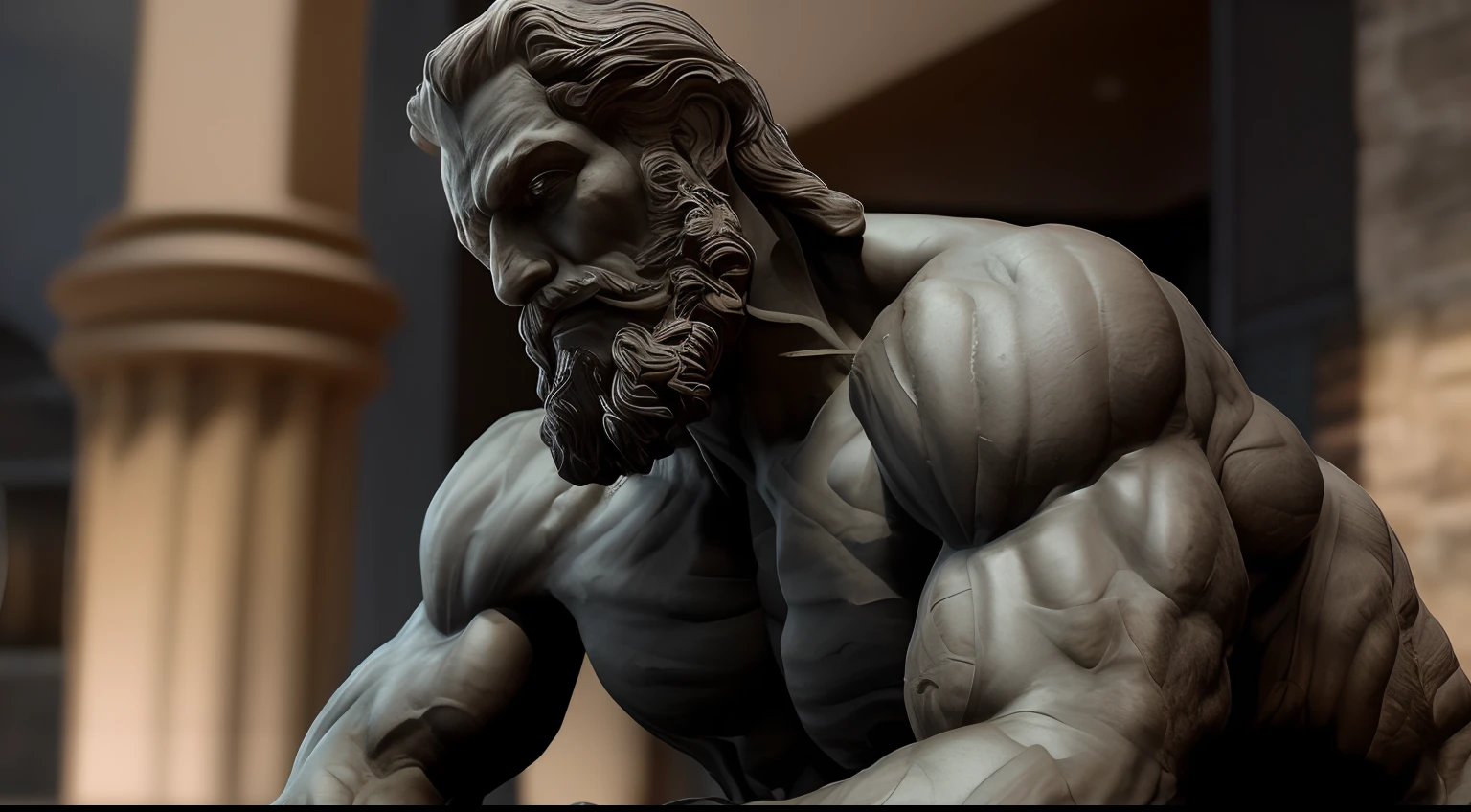 arafed statue of a man with a beard and a beard, Retrato de Zeus acidentado, Arnold e Zbrush, Retrato pintado de Zeus acidentado, Furioso Deus Zeus, muscular character, Standing position, escultura realista de 8k bernini, arnold 3d render, Arnold 3 D render, escultura de argila cgi, exaggerated muscle physique, statue of hercules looking angry, Arnold render.