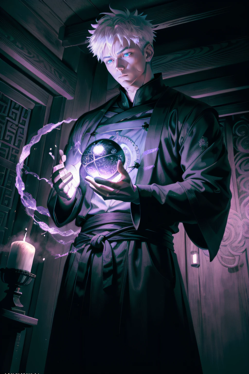 (masterpiece, illustration, anime:1.3), 1 person, Satoru Gojo from Jujutsu Kaisen, (classic black attire:1.2), standing inside a temple at night, (messy white hair:1.1), (blue eyes emitting blue light:1.2), (calm expression:1.1), (uncovered eyes:1.1), (powerful presence:1.2), (mystical atmosphere:1.2), (subtle moonlight:1.1), (intricate temple architecture:1.2), (ominous shadows:1.1), (flowing robes:1.1), (detailed folds and creases:1.1), (intense purple aura:1.2), (symbols of power surrounding him:1.1), (magical energy radiating:1.2), (spellcasting gestures:1.1), (mysterious artifacts:1.1), (ethereal particles:1.1), (dynamic pose:1.2), (epic soundtrack:1.2), (sense of awe:1.1), (magical prowess:1.1), over power, power up, sphere, extreme, focused.