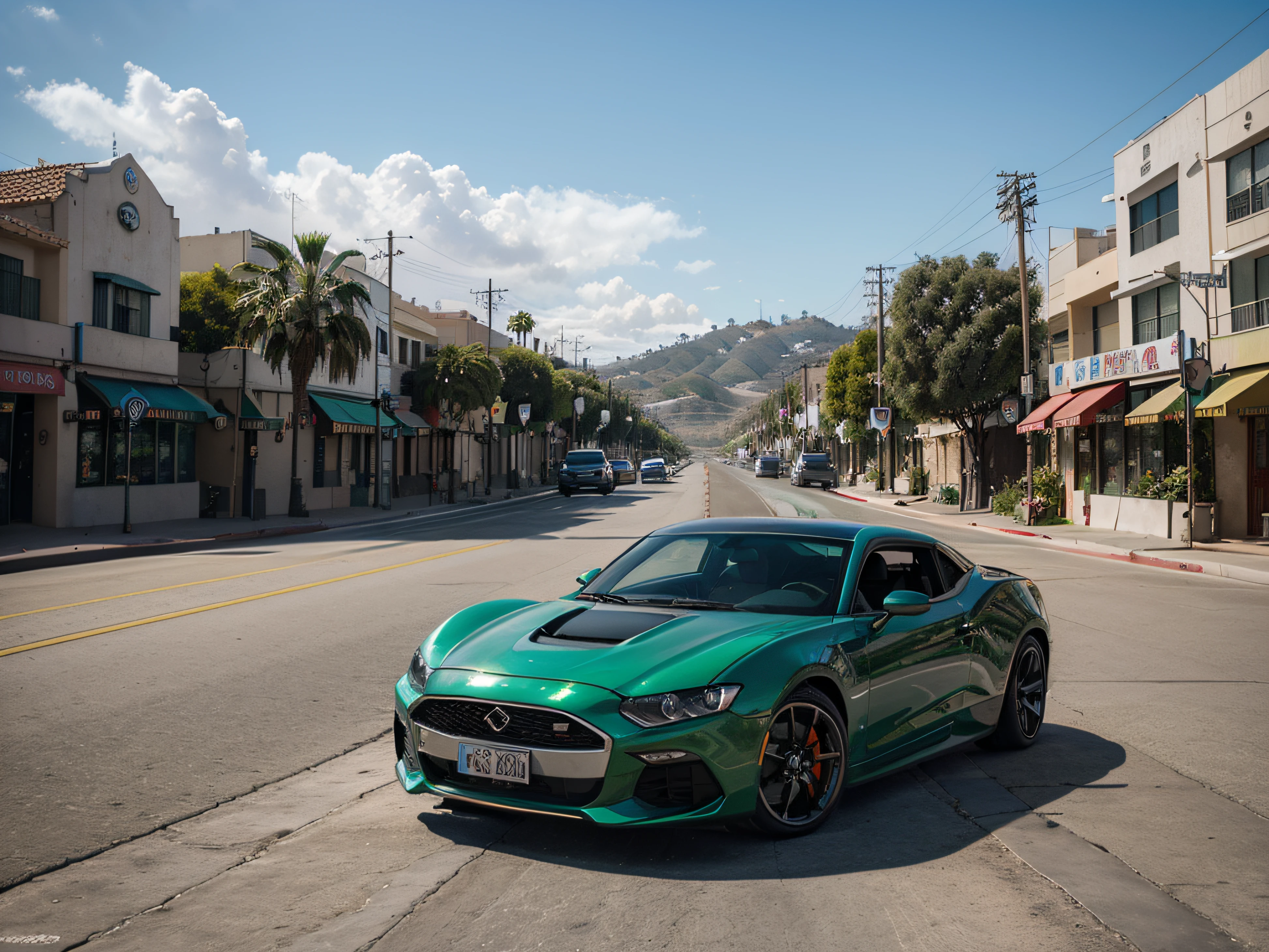 paisagem estilo los angeles com um carro muito bonito passando na rua com um cara dentro atirando 8k ultradetalista