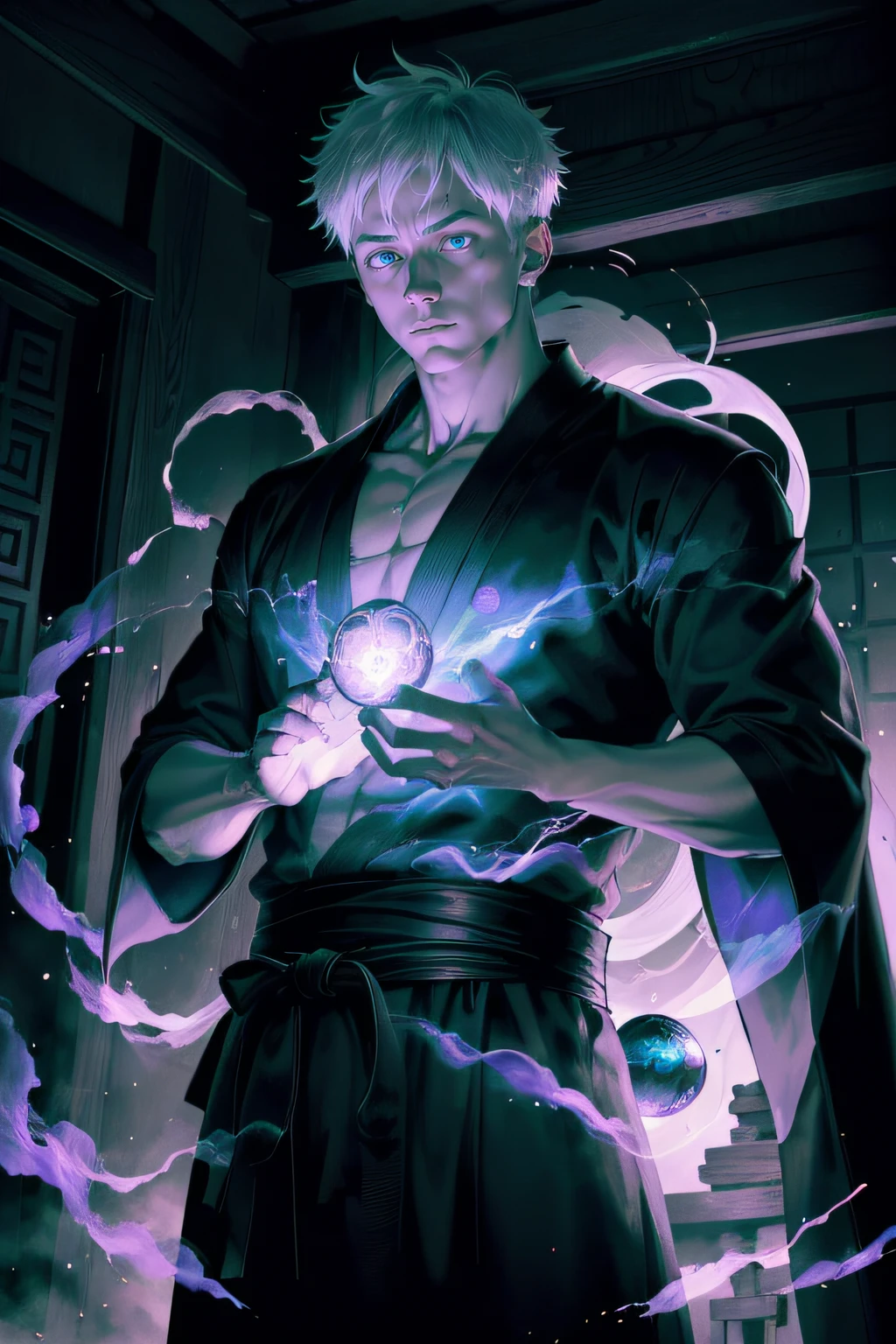 (masterpiece, illustration, anime:1.3), 1 person, Satoru Gojo from Jujutsu Kaisen, (classic black attire:1.2), standing inside a temple at night, (messy white hair:1.1), (blue eyes emitting blue light:1.2), (calm expression:1.1), (uncovered eyes:1.1), (powerful presence:1.2), (mystical atmosphere:1.2), (subtle moonlight:1.1), (intricate temple architecture:1.2), (ominous shadows:1.1), (flowing robes:1.1), (detailed folds and creases:1.1), (intense purple aura:1.2), (symbols of power surrounding him:1.1), (magical energy radiating:1.2), (spellcasting gestures:1.1), (mysterious artifacts:1.1), (ethereal particles:1.1), (dynamic pose:1.2), (epic soundtrack:1.2), (sense of awe:1.1), (magical prowess:1.1), over power, power up, sphere, extreme, focused.