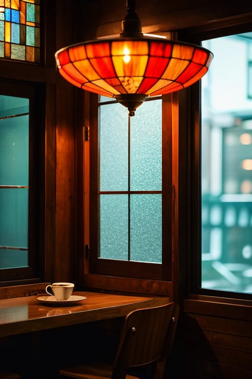 Inside a Showa retro coffee shop、natta、Dimly lit interior、Stained glass style hanging lamp、Wood Polish Countertops、The view outside the window is the red-light district