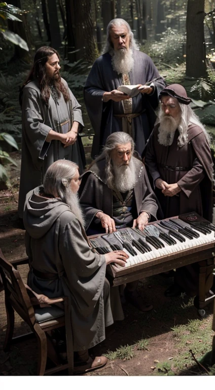 (Wizards gathered in a circle of friends), ((each wizard playing a different keyboard)) Ultra-detailed close-up of Gandalf on an adventure, ((Playing the keyboard with his friends in the middle of the forest)), Meeting with friends, all wearing the same outfit, Ian Mckellen, he is a wise wizard, he wears a gray robe, scoundrel (Alternatively), [Leather Beld], gray tunic under the robe, a family of wizards, open panoramic image, one of them with the red dress