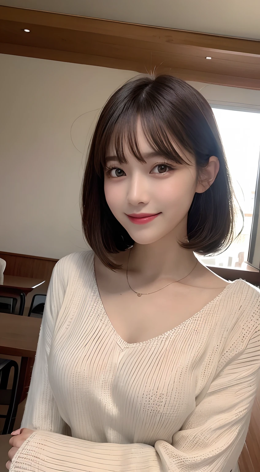 masutepiece, Best quality, illustration, Ultra-detailed, finedetail, A high resolution, 8K wallpaper, Perfect dynamic composition, Beautiful detailed eyes, Long-sleeved knit,Shoulder extension,bob hair, Mid-chest, Natural color lips, Random and sexy pose,Smile,20 years girl,Colossal tits,coffeehouse,kawa,Emphasis on the chest