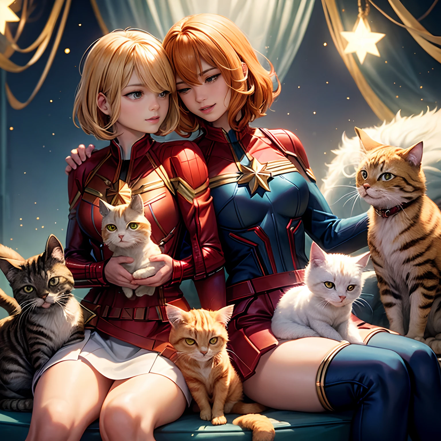 Captain Marvel sits gracefully, on her lap is paved a cat that is A fluffy orange tabby cat with green eyes and a red collar. The cat is relaxing in Marvel's lap, you can see them curling their tails. Marvel gently strokes the cat; I smile and feel the bond with her as a partner. In the background, Stars in the universe shines, A powerful aura spreads around Marvel.