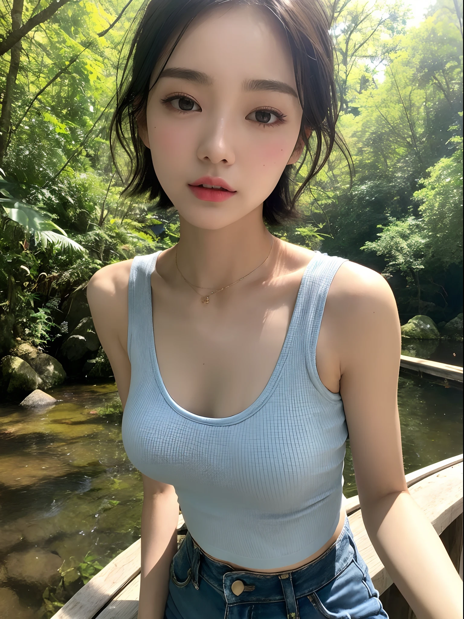 ((Best Quality, 8K, Masterpiece: 1.3)), Upper Body (1.3), Huge Chest (5), (Big Breasts), Outstanding Style, Gentle Face, Parallel Eyebrows, Smile, Natural Makeup, Tank Top, Refreshing, Frolicking in the Stream, Passing Through the Trees of the City