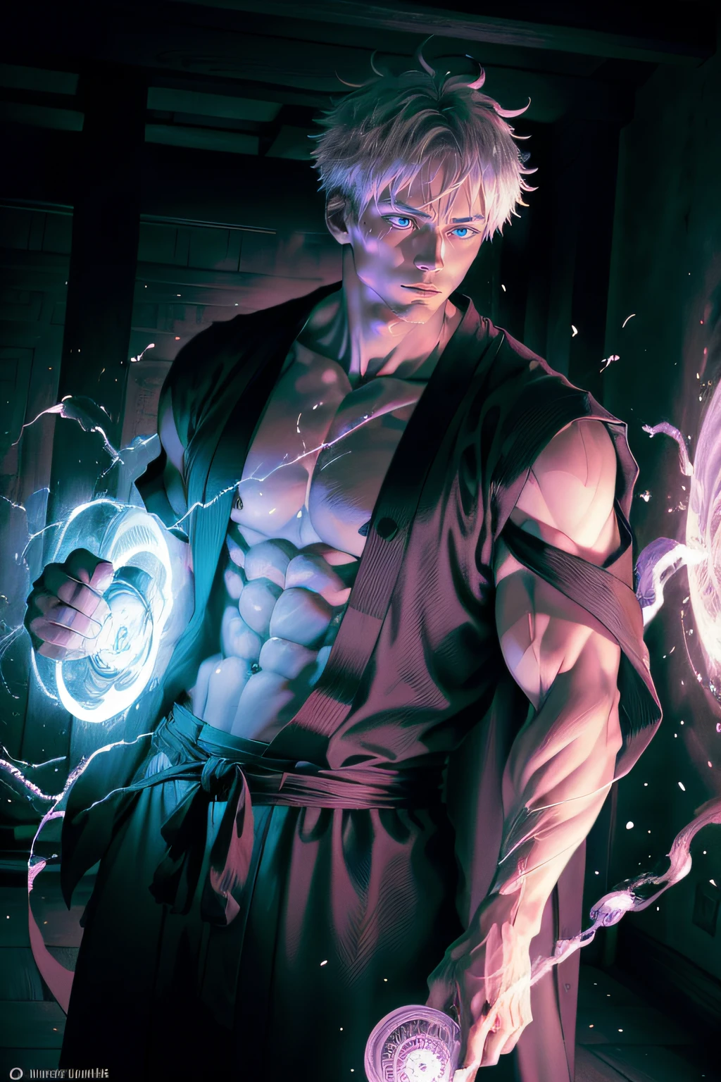 (masterpiece, illustration, anime:1.3), 1 person, Satoru Gojo from Jujutsu Kaisen, (classic black attire:1.2), standing inside a temple at night, (messy white hair:1.1), (blue eyes emitting blue light:1.2), (calm expression:1.1), (uncovered eyes:1.1), (powerful presence:1.2), (mystical atmosphere:1.2), (subtle moonlight:1.1), (intricate temple architecture:1.2), (ominous shadows:1.1), (flowing robes:1.1), (detailed folds and creases:1.1), (intense purple aura:1.2), (symbols of power surrounding him:1.1), (magical energy radiating:1.2), (spellcasting gestures:1.1), (mysterious artifacts:1.1), (ethereal particles:1.1), (dynamic pose:1.2), (epic soundtrack:1.2), (sense of awe:1.1), (magical prowess:1.1), over power, power up, sphere, extreme, focused.
