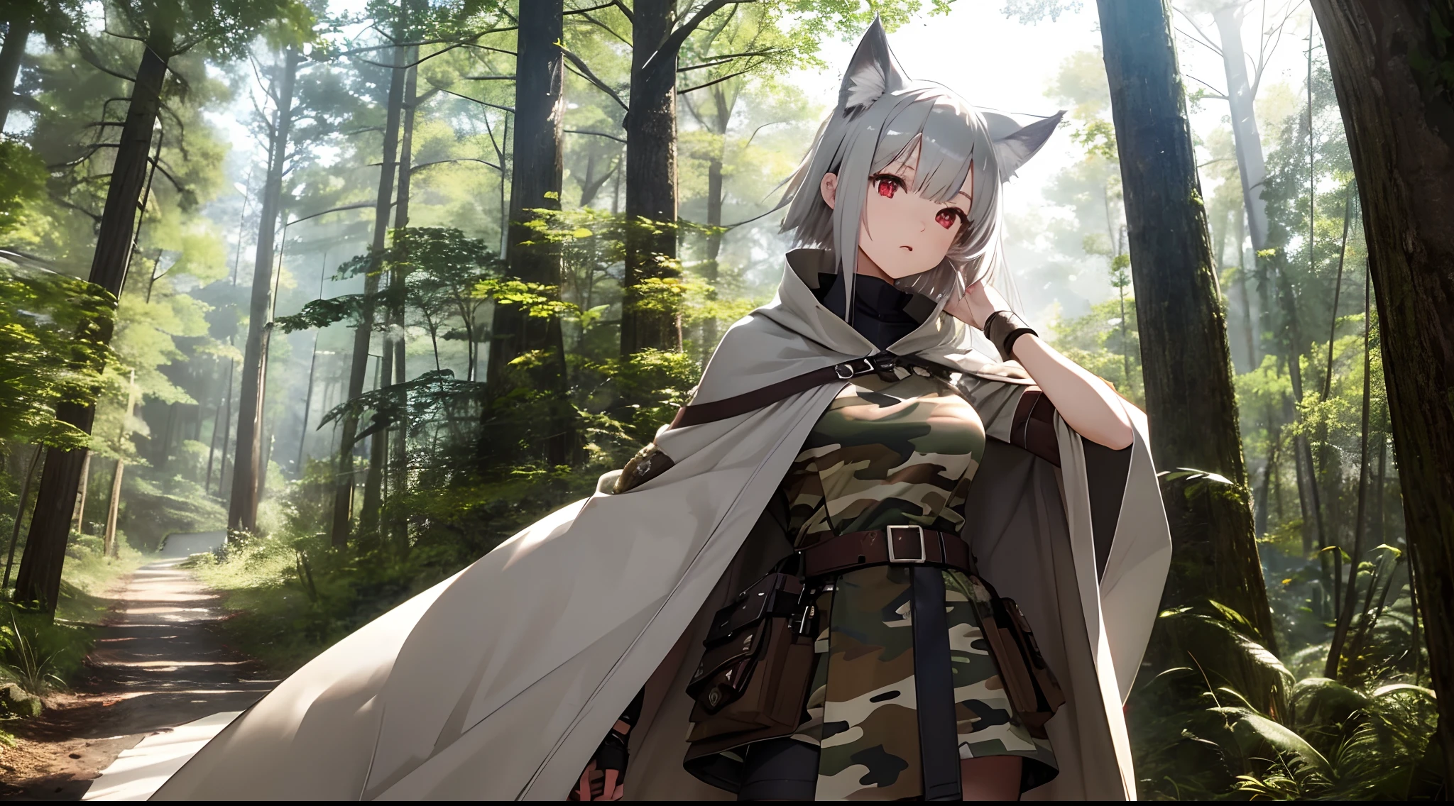 deadpan、short silver hair、Long sideburns、Sharp eyes、Red Eyes、Camouflage poncho、Brown boots、in woods。top-quality、Cinematic、Female Solo、24 year old、large full breasts、tall、White wolf ears、White Wolftail