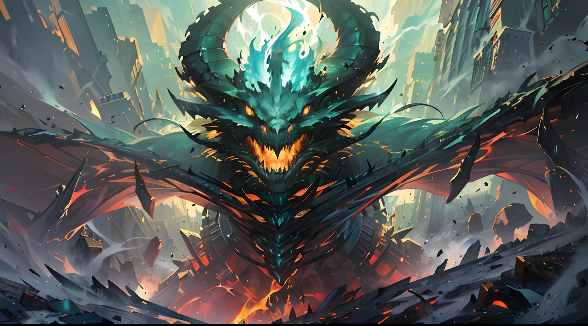 (The pupils burn like flames), (Hideous and vivid details of the monster's face,Vivid details of the monster's face,Extremely detailed depiction of the monster's face:1.1), mechanized，Surrounded by thick fog, Creepy resonance, Dark and mysterious hues, strong contrasts, Strong dynamics, Refraction of golden light, The texture is expressive, Digital oil painting effect, Emphasize the character's subject position and pose, Powerful edge-lit effect, Dramatic angles and near and far effects, Detailed and rugged terrain, It is full of exotic plants, Powerful energy flow effect, Splash splinter and spark effects，A behemoth of mechanical construction，Glowing scales，Erupting steam，Black smoke，White scales，Cyan eyes，big dragon