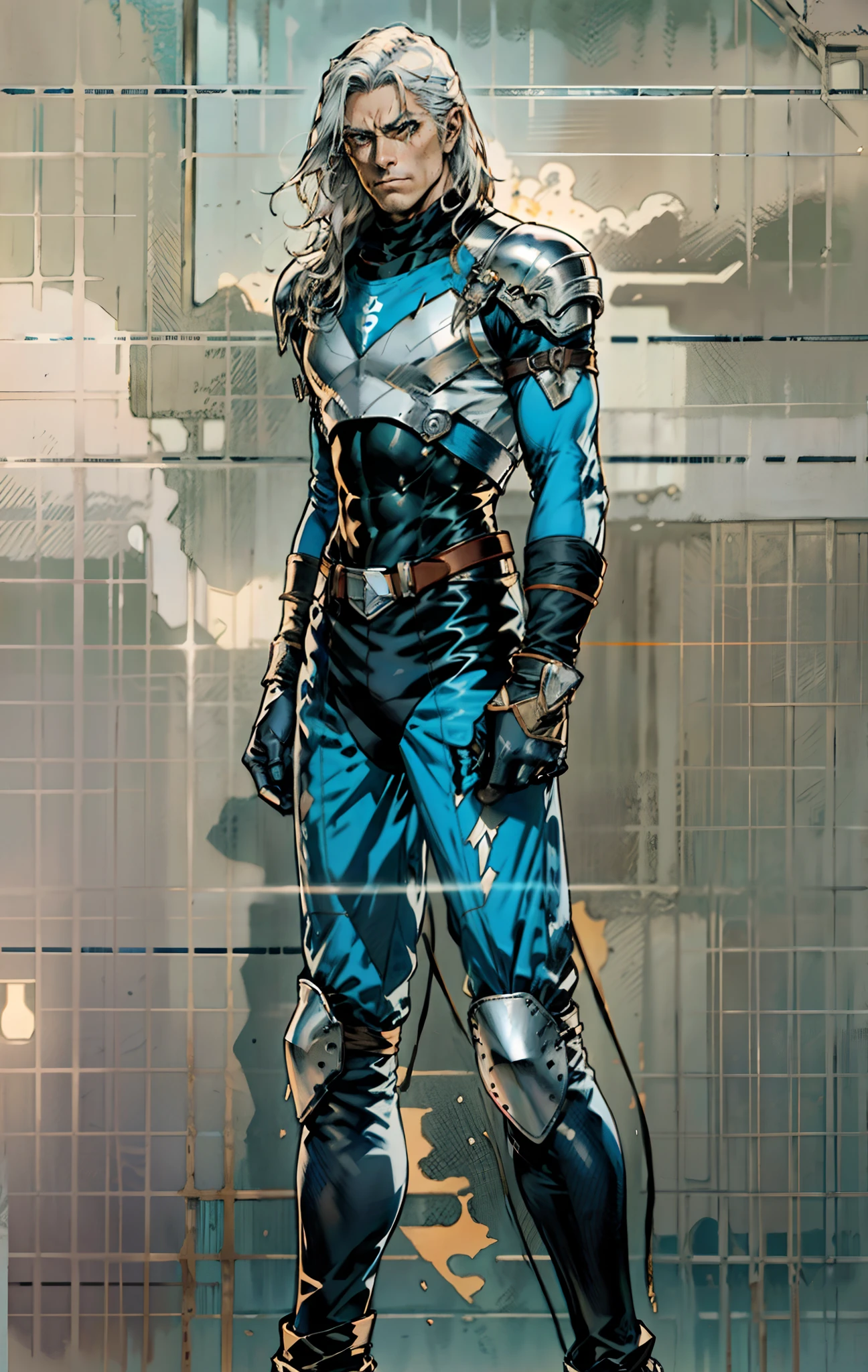 A middle-aged man, long platinum-blond hair, neatly combed hair, a square face, a serious expression, sharp eyes, tall figure, a dark fantasy-realistic style bodysuit, short sleeve, a silver-white chestplate, gloves with metal accessories, three metal blades extending from the gloves, tight-fitting pants that match the bodysuit, silver-white metal shin guards, boots, the background is a mountain forest at night, with falling leaves, this character embodies a finely crafted fantasy-realistic style assassin in anime style, characterized by an exquisite and mature manga illustration art style, high definition, best quality, highres, ultra-detailed, ultra-fine painting, extremely delicate, professional, anatomically correct, symmetrical face, extremely detailed eyes and face, high quality eyes, creativity, RAW photo, UHD, 8k, Natural light, cinematic lighting, masterpiece-anatomy-perfect, masterpiece:1.5