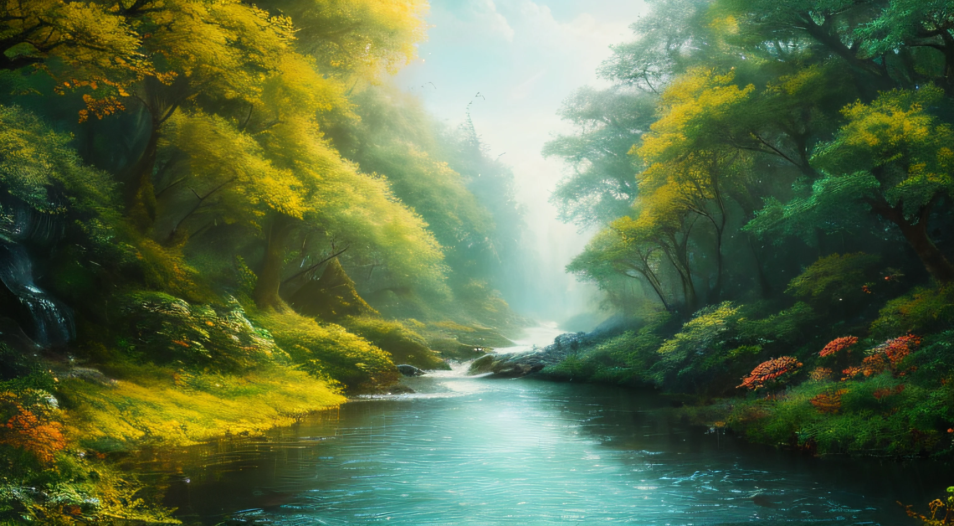 masterpiece、top-quality、hightquality、Highly detailed CG Unity 8k wallpapers、A towering tree々、water flowing、Luminous mushrooms、Enchanting and dreamy scenes of a fantastic forest with a hidden fairy valley、Creates a sense of mystery and enchantment、artstation、Digital Illustration、Convoluted、trending、PastelColors、an oil painting、awardwinning photo、Bokeh、depth of fields、HDR、Bloom、chromatic abberation、Photorealsitic、A highly detailed、trending on artstationh、Trending in CGSighbour、Convoluted、high détails、Dramatic、Art by Mid Journey