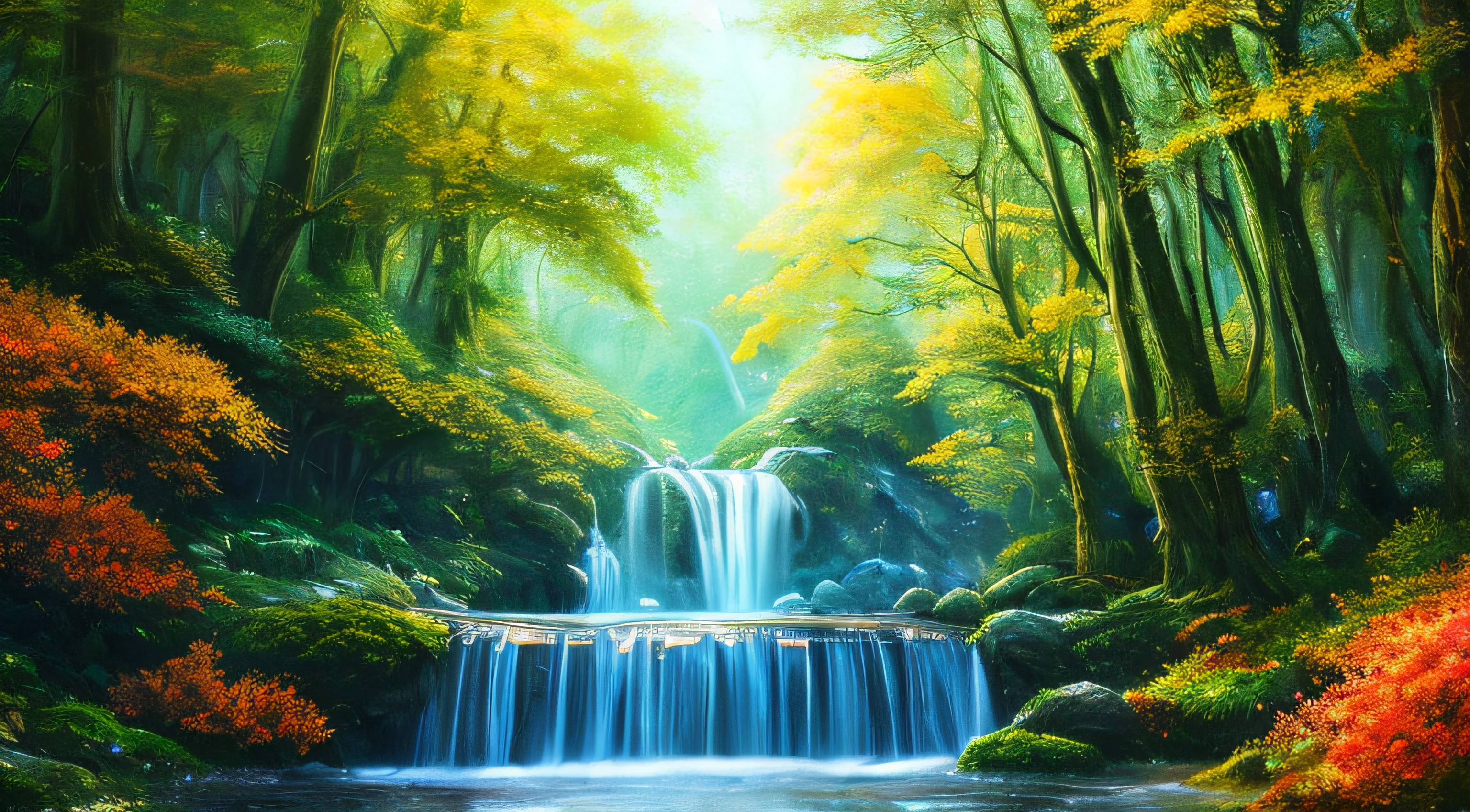 ​masterpiece、top-quality、hightquality、Highly detailed CG Unity 8k wallpapers、A towering tree々、water flowing、Luminous mushrooms、Enchanting and dreamy scenes of a fantastic forest with a hidden fairy valley、Creates a sense of mystery and enchantment、artstation、Digital Illustration、Convoluted、trending、PastelColors、an oil painting、awardwinning photo、Bokeh、depth of fields、HDR、Bloom、chromatic abberation、Photorealsitic、A highly detailed、trending on artstationh、Trending in CGSighbour、Convoluted、high détails、Dramatic、Art by Mid Journey
