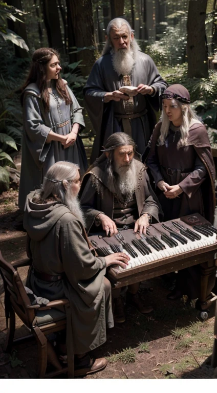 (Wizards gathered in a circle of friends), ((each wizard playing a different keyboard)) Ultra-detailed close-up of Gandalf on an adventure, ((Playing the keyboard with his friends in the middle of the forest)), ((circled by elves dancing and singing)) Meeting with friends, all wearing the same outfit, Ian Mckellen, he is a wise wizard, he wears a gray cloak, rascal (Alternatively), [Leather Beld], gray tunic under the cloak, a family of magicians, open panoramic image, one of them in red clothing