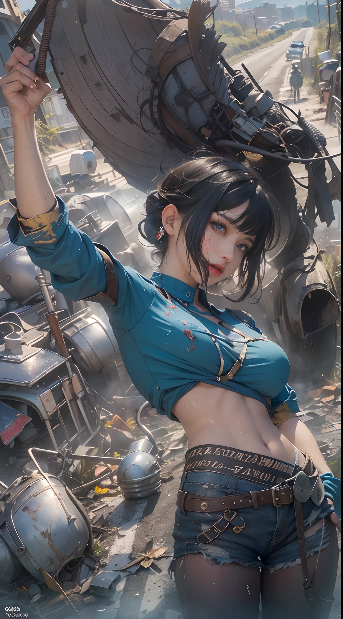 Yael Shelbia(Beautiful and bold、captivating and enticing、blue eyess、pointed breast、long curly black hair、Sweaty body、Open shirt、Short shorts、boots、short gloves、thick leg)。(Deserted roads、Dirt road、fumo、Abandoned cars、newspaper、Abandoned objects、Body lying on the ground、Abandoned roads、Apocalyptic landscape、Movie Effects)、(top-quality、masterpiece、depth of fields、Full-HD、4K、richness of detail)。Portrait Style、Fist of the North Star、Screaming、(((He wears armor on both shoulders)))、holding weapons