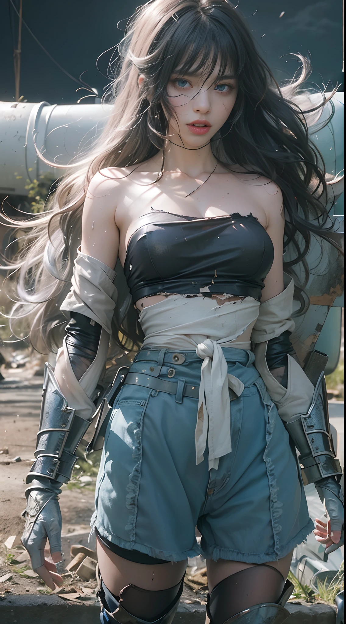 Yael Shelbia(Beautiful and bold、captivating and enticing、blue eyess、pointed breast、long curly black hair、Sweaty body、Open shirt、Short shorts、boots、short gloves、thick leg)。(Deserted roads、Dirt road、fumo、Abandoned cars、newspaper、Abandoned objects、Body lying on the ground、Abandoned roads、Apocalyptic landscape、Movie Effects)、(top-quality、masterpiece、depth of fields、Full-HD、4K、richness of detail)。Portrait Style、Fist of the North Star、Screaming、(((He wears armor on both shoulders)))、holding weapons
