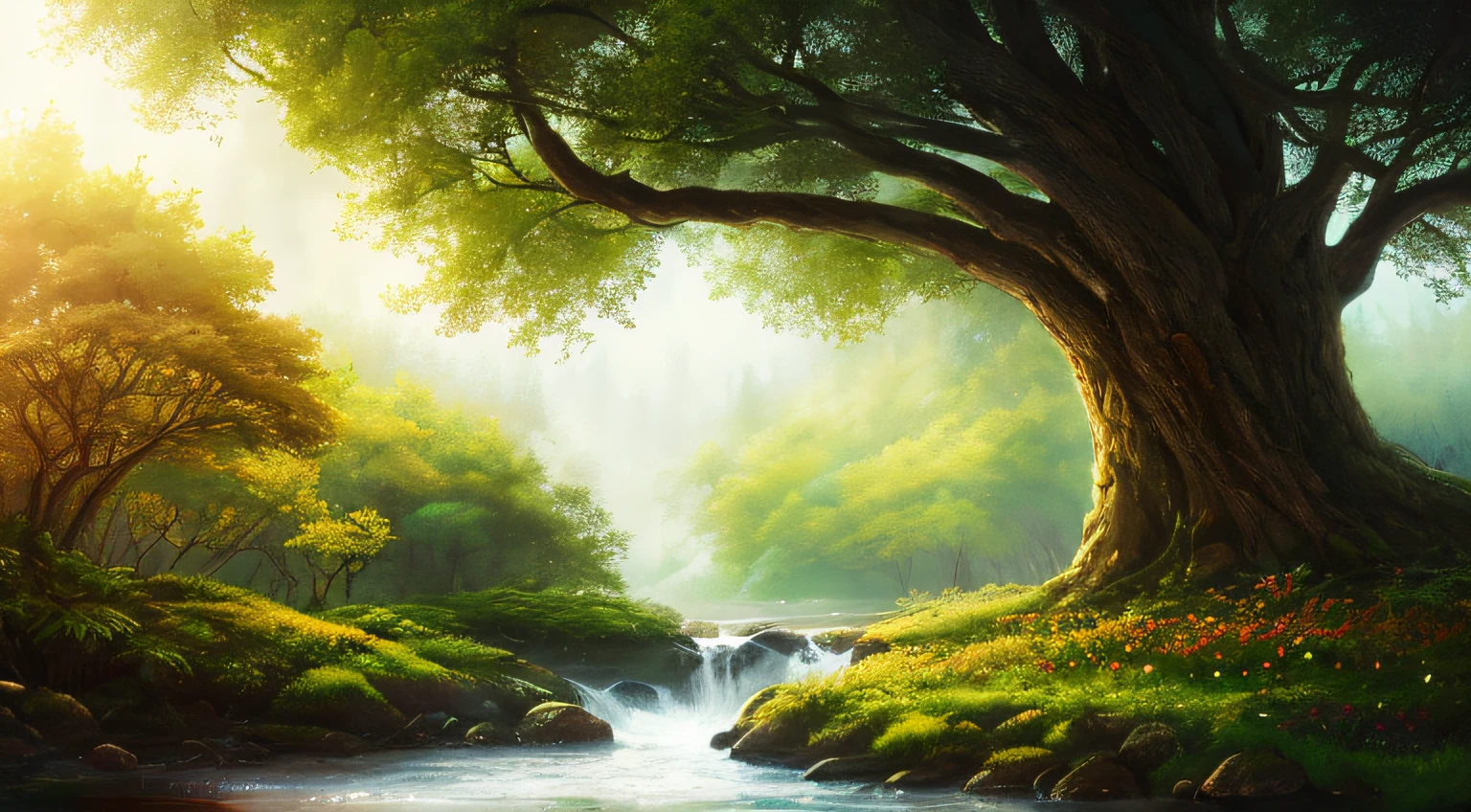 ​masterpiece、top-quality、hightquality、Highly detailed CG Unity 8k wallpapers、A towering tree々、water flowing、Luminous mushrooms、Enchanting and dreamy scenes of a fantastic forest with a hidden fairy valley、Creates a sense of mystery and enchantment、artstation、Digital Illustration、Convoluted、trending、PastelColors、an oil painting、awardwinning photo、Bokeh、depth of fields、HDR、Bloom、chromatic abberation、Photorealsitic、A highly detailed、trending on artstationh、Trending in CGSighbour、Convoluted、high détails、Dramatic、Art by Mid Journey